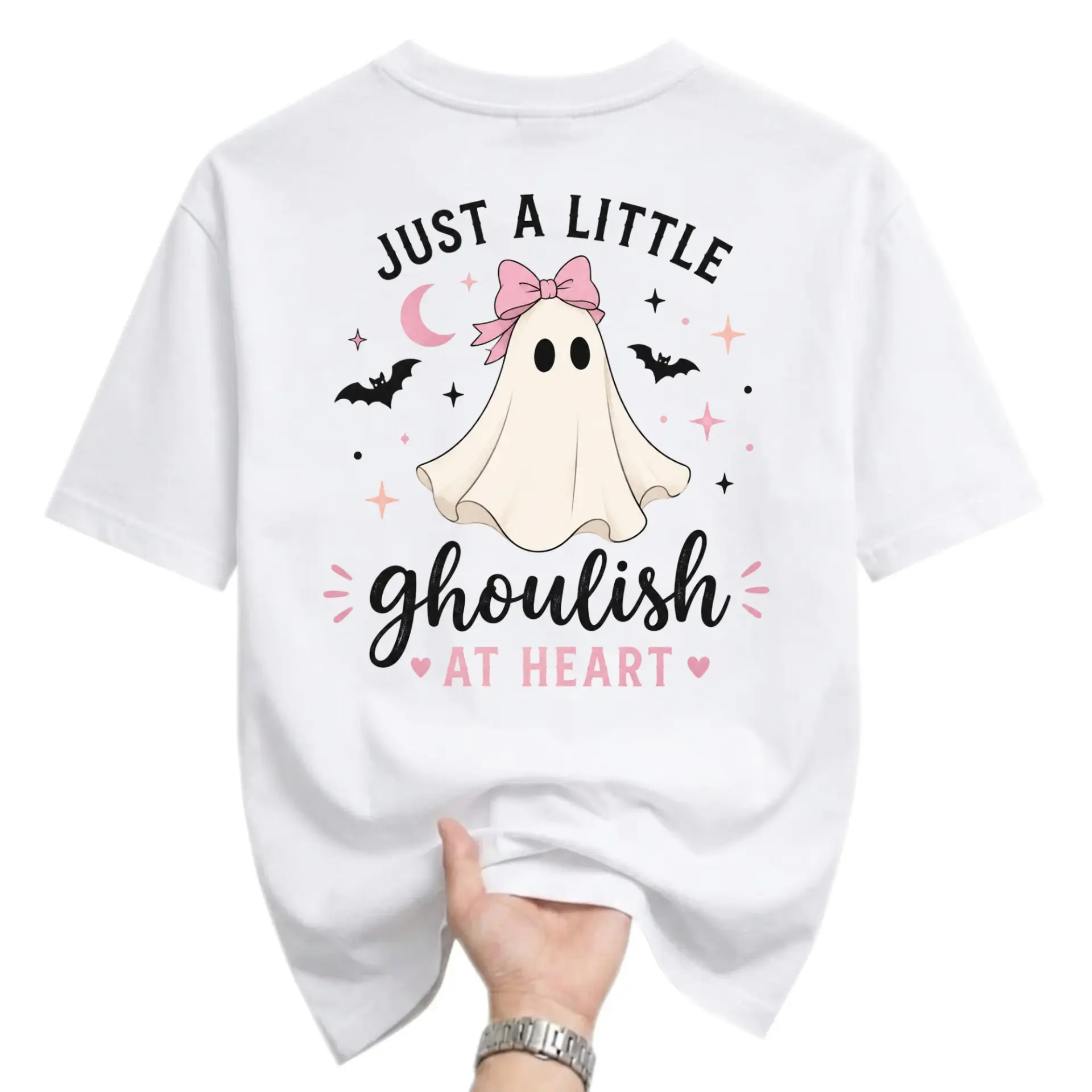 Graphic Tee Just a Little Ghoulish at Heart Spooky Ghost Design Unisex Cotton Crew Neck Short Sleeve Everyday Shirt