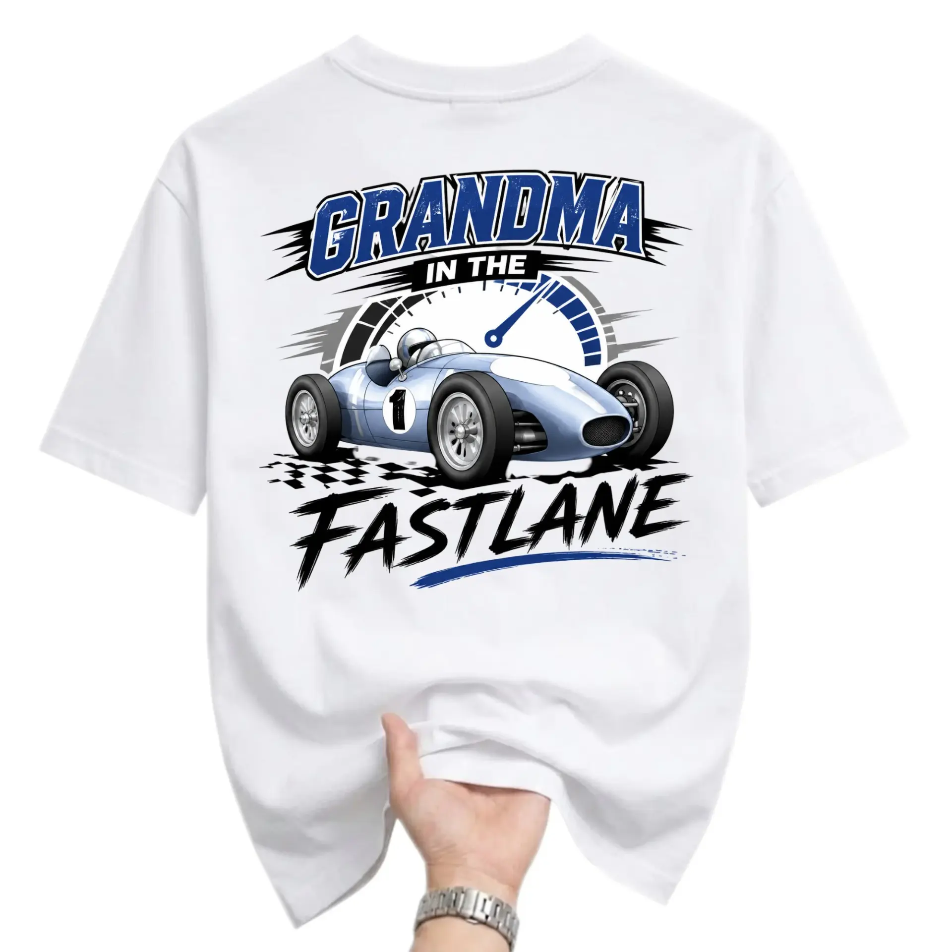 Funny Shirt Grandma in the Fastlane Racing Graphic Tee Unisex Cotton Crew Neck Casual Short Sleeve Apparel White