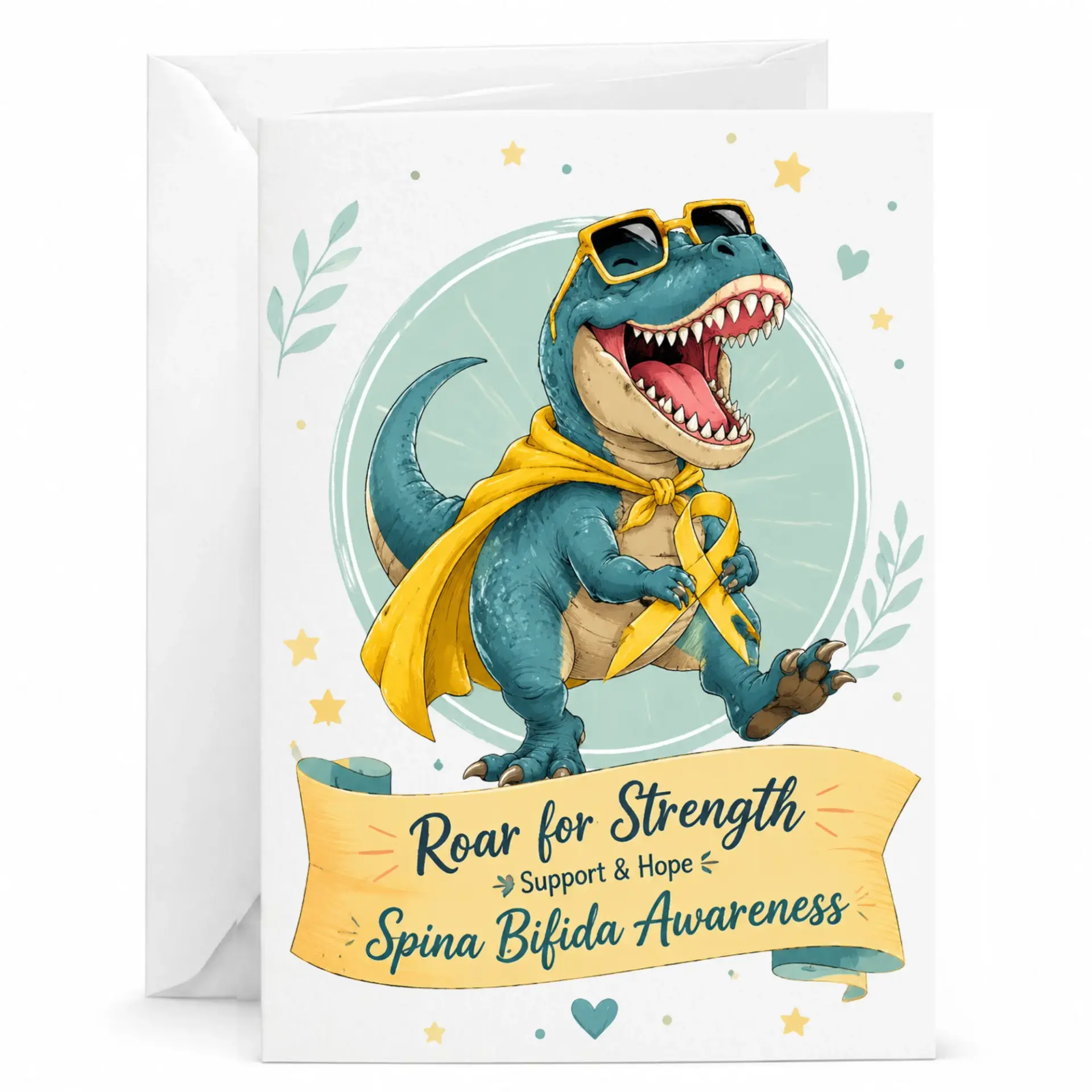 Greeting Card for Spina Bifida Awareness Featuring a Cute Dinosaur with Yellow Ribbon and Inspirational Message