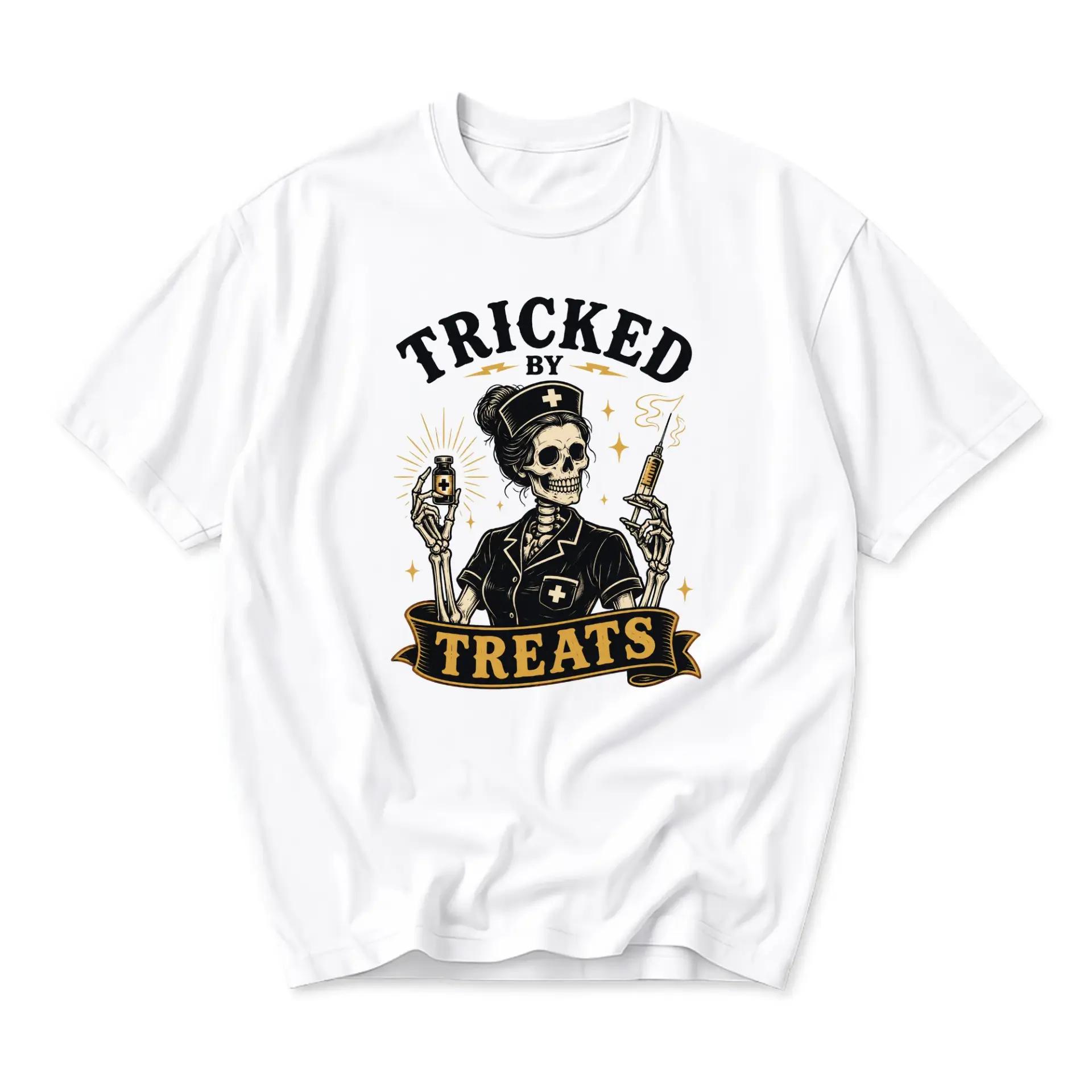 Funny Shirt Tricked by Treats Skeleton Nurse Graphic Tee Unisex Crew Neck Short Sleeve Casual Cotton Blend Top