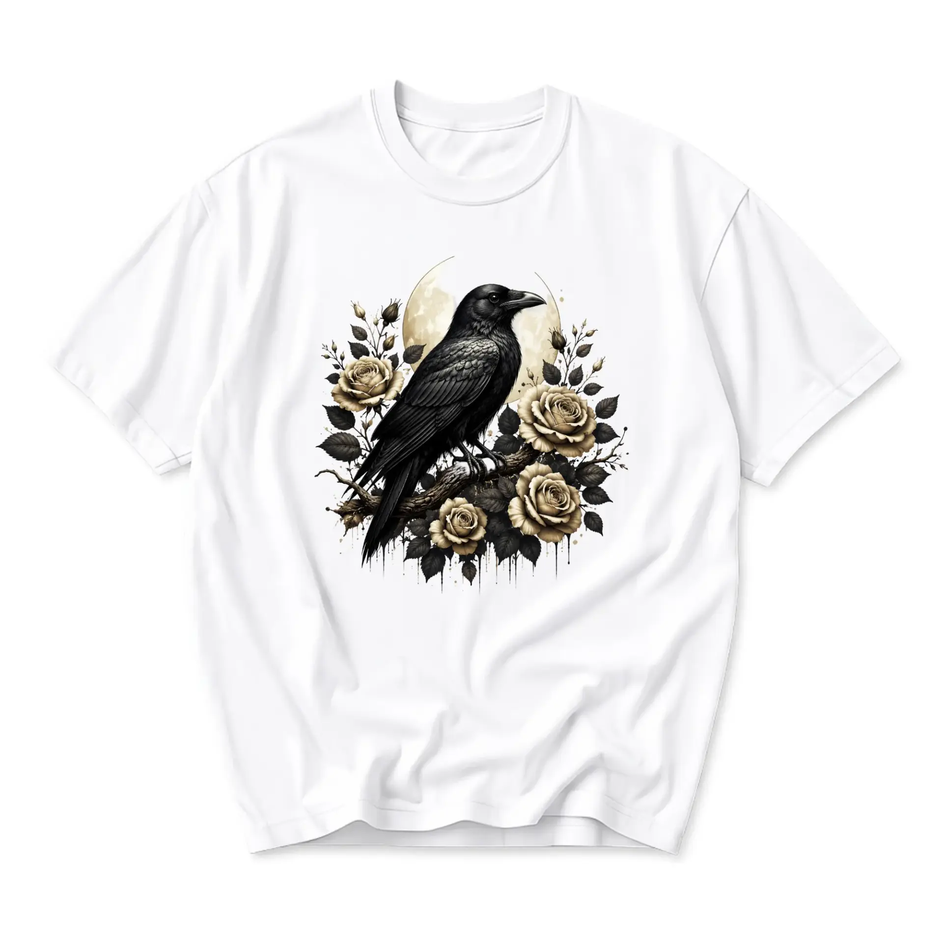 Graphic Tee Crow and Vintage Rose Illustration Unisex Crew Neck Short Sleeve Casual Cotton Blend Apparel