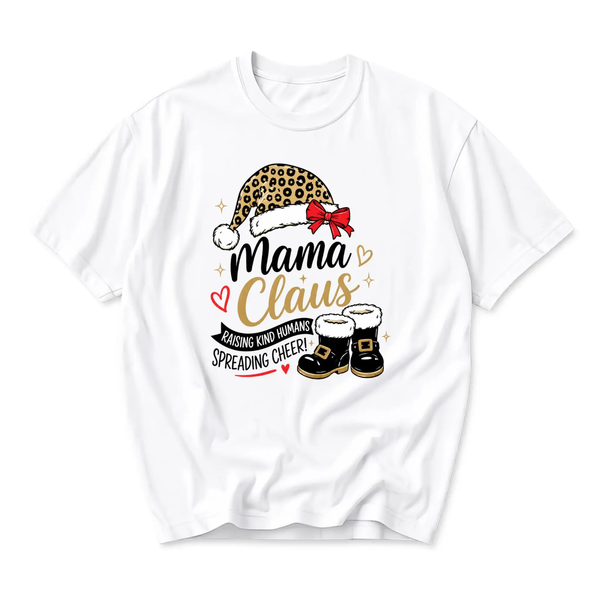 Graphic Tee Mama Claus Christmas Shirt Leopard Print Holiday Casual Unisex Short Sleeve Crew Neck Cotton Top