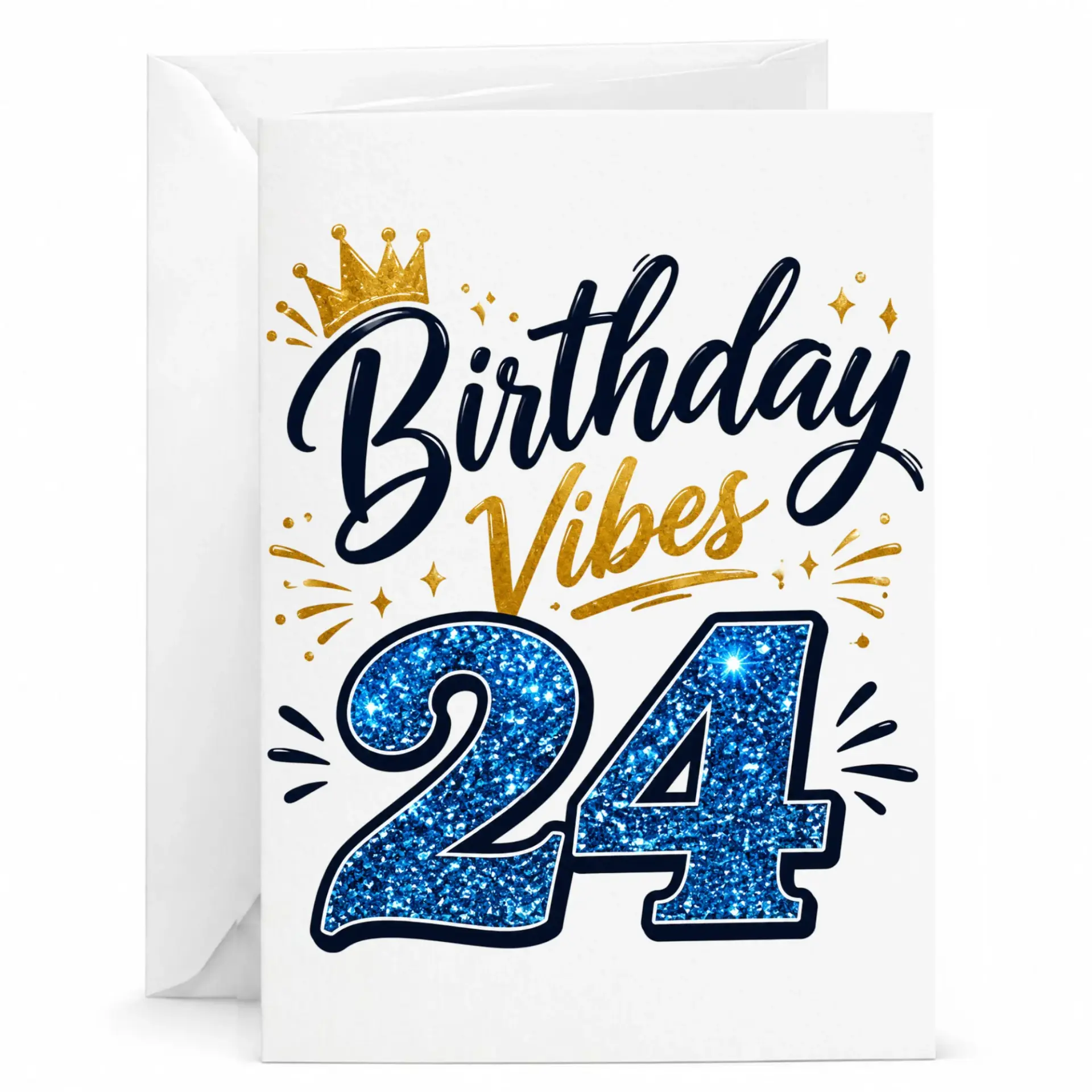 Birthday Card for 24th Birthday with Glitter Blue Number Twenty Four Design and Elegant Gold Crown Illustration