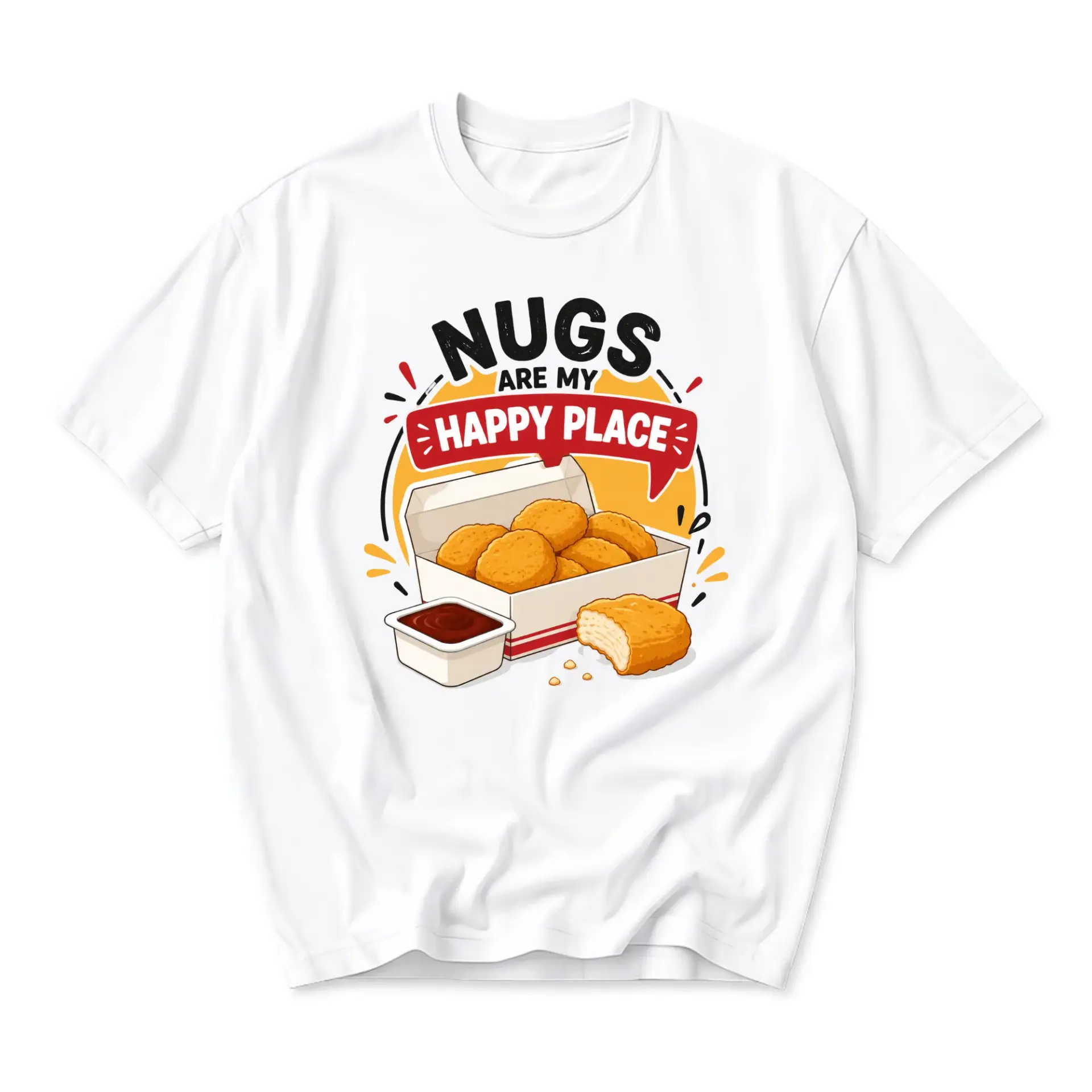 Funny Shirt Nugs Are My Happy Place Graphic Tee Unisex Cotton Crew Neck Short Sleeve Casual Food Lover Gift Apparel
