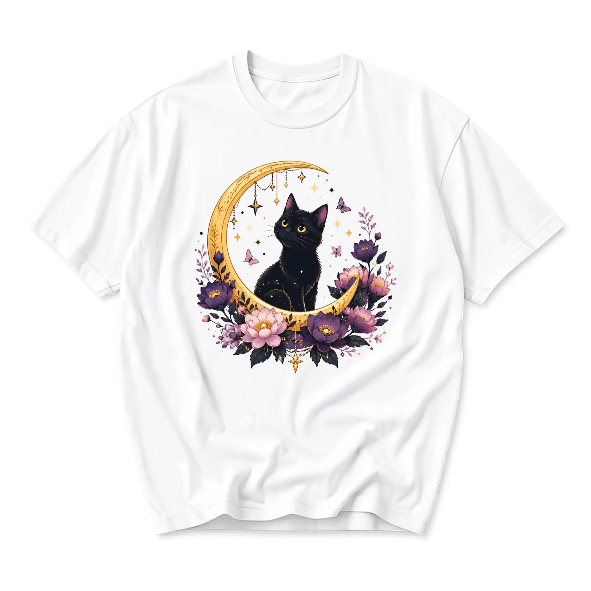 Graphic Tee Black Cat Sitting on Crescent Moon Celestial Floral Illustration Unisex Short Sleeve Crew Neck Shirt