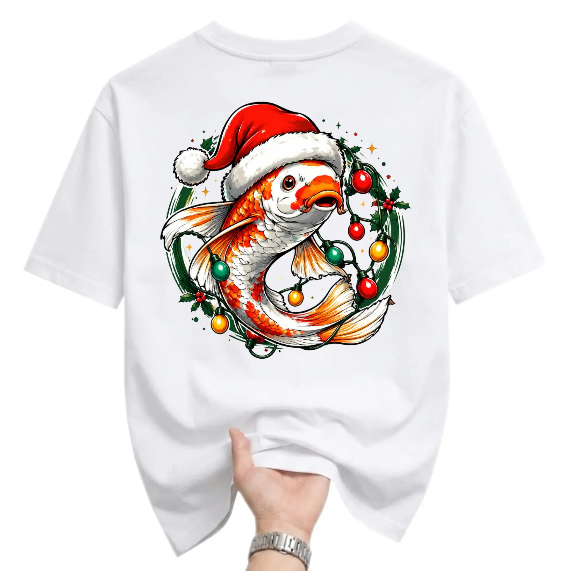 Graphic Tee Unisex Koi Fish Wearing Santa Hat Christmas Lights Illustration Casual Cotton Crew Neck Shirt Apparel