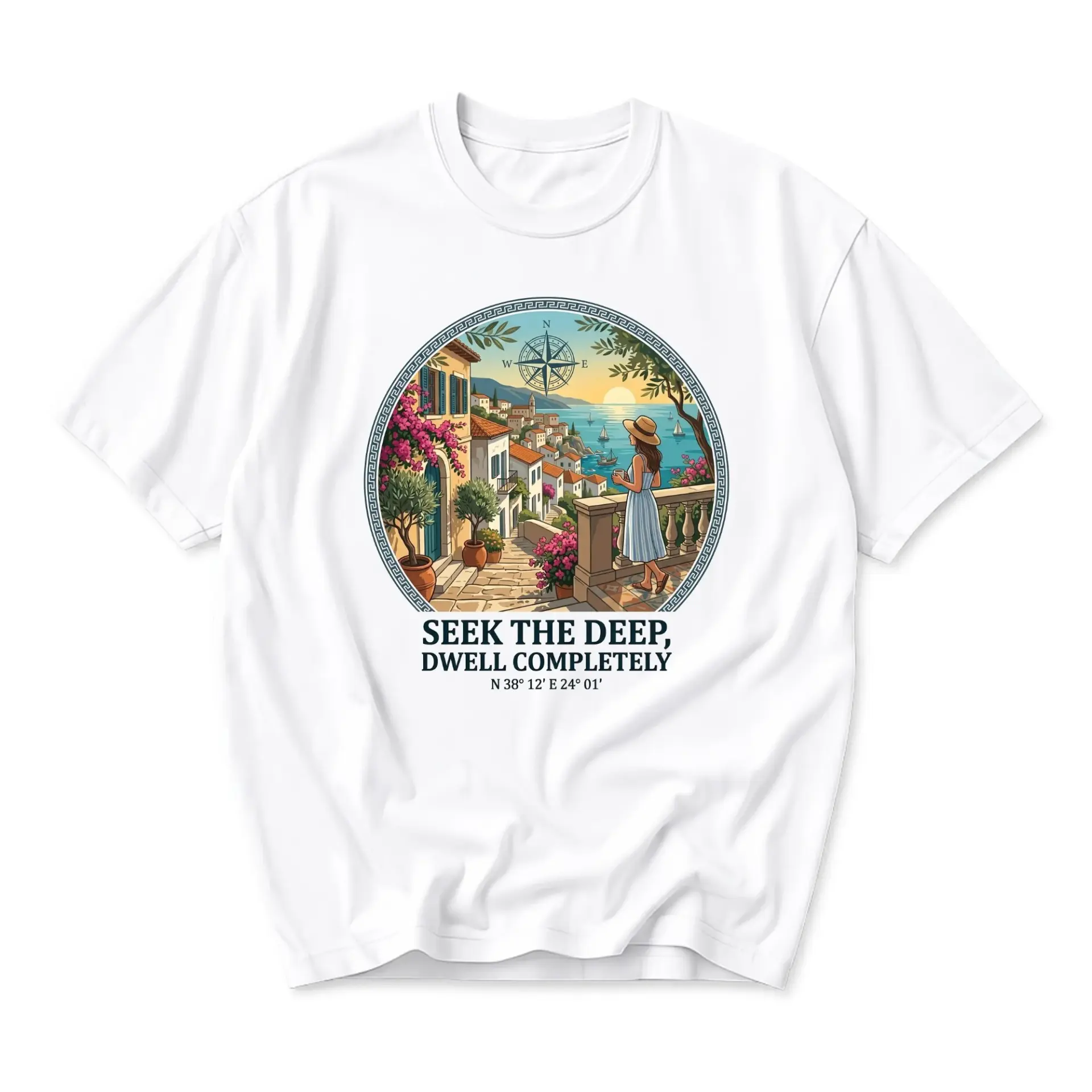 Graphic Tee Travel Inspired Mediterranean Coastal Village Scene Unisex Crew Neck Casual Everyday Wear Soft Cotton Shirt