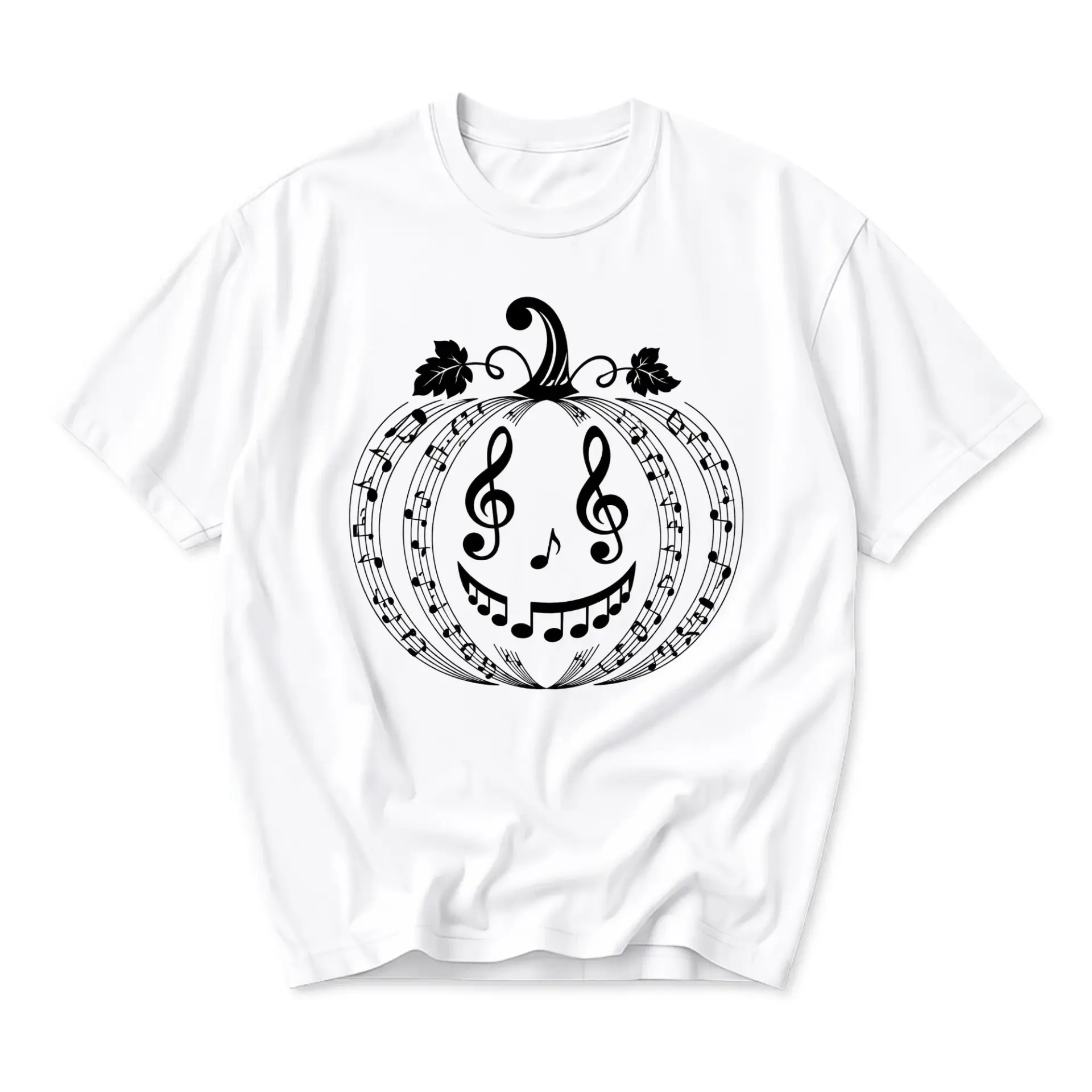 Graphic Tee Pumpkin Music Notes Unisex Crew Neck Shirt Fall Seasonal Casual Apparel for Musicians and Music Lovers