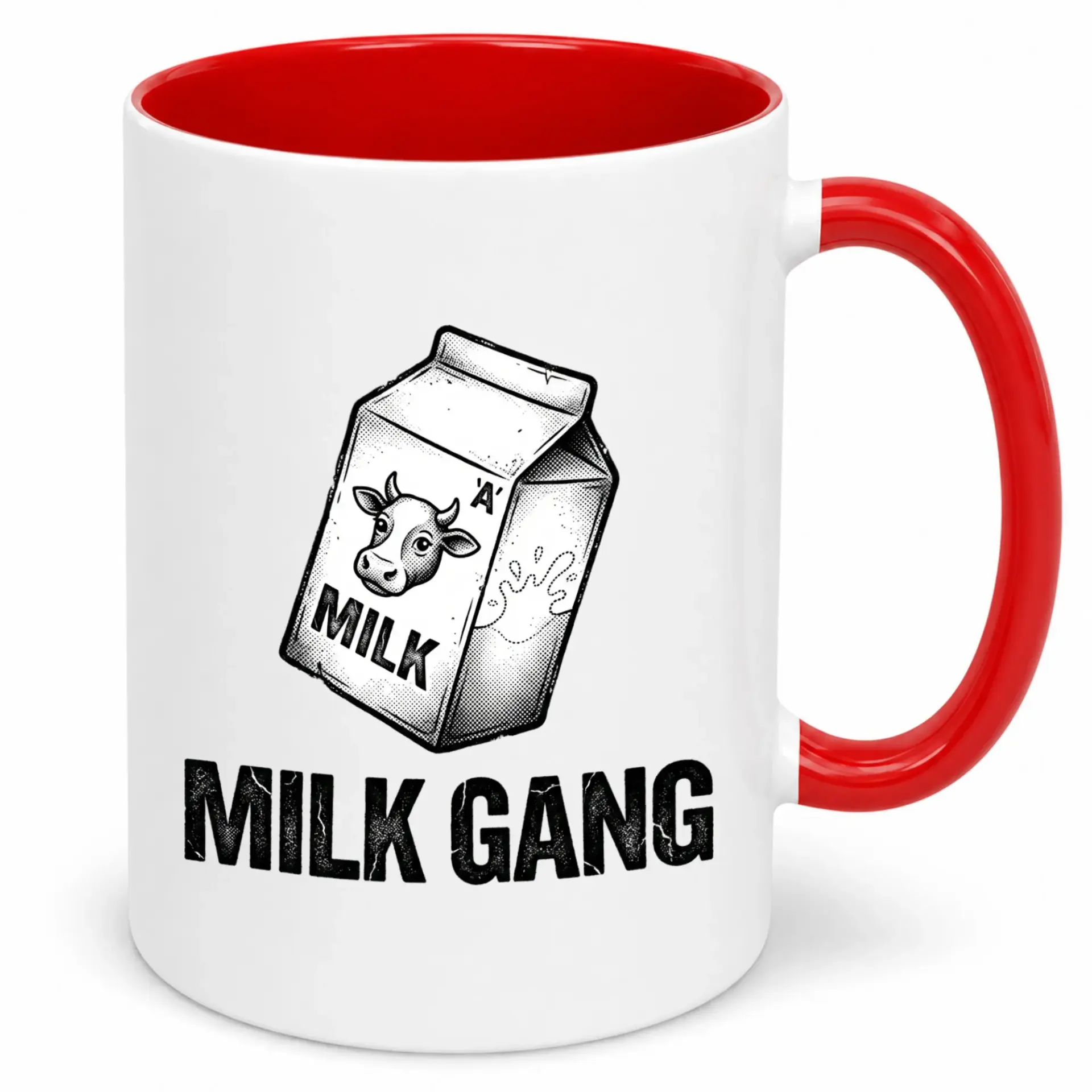 Funny Milk Gang Ceramic Coffee Mug with Cow Carton Design, 11oz or 15oz Beverage Cup for Daily Use, White with Red Handle