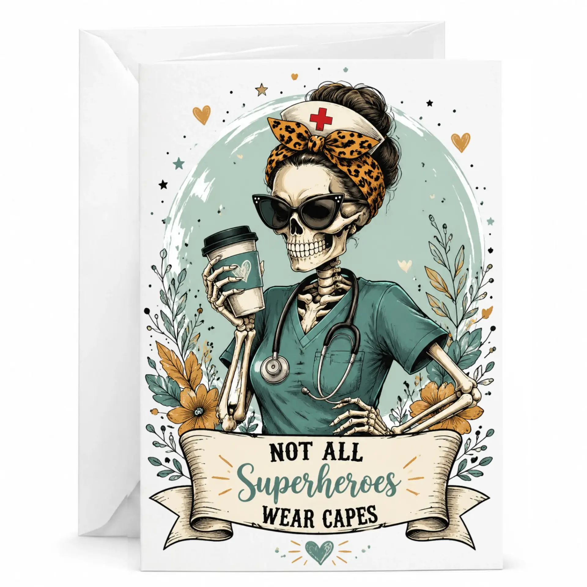 Greeting Card Medical Professional Skeleton Design Funny Appreciation Note for Nurses and Doctors 5x7 Inches