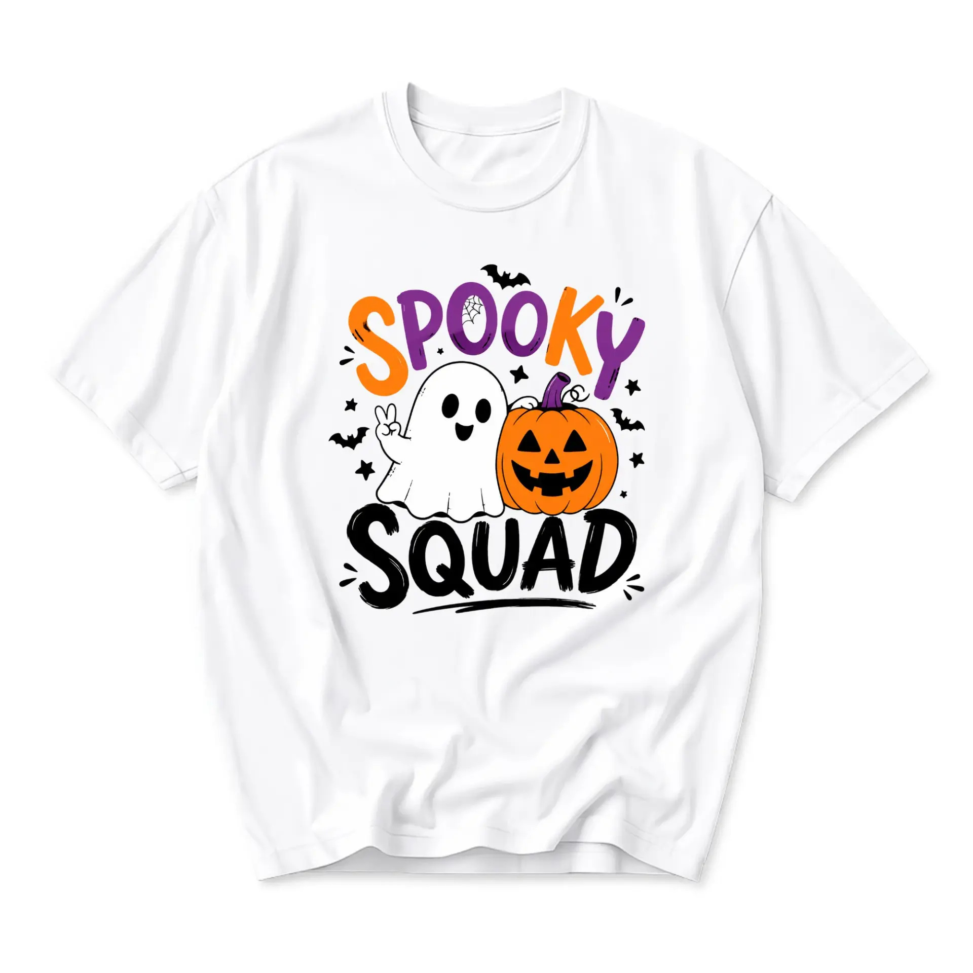 Graphic Tee Spooky Squad Ghost and Pumpkin Halloween Design Unisex Crew Neck Soft Cotton Casual Fall Holiday Shirt