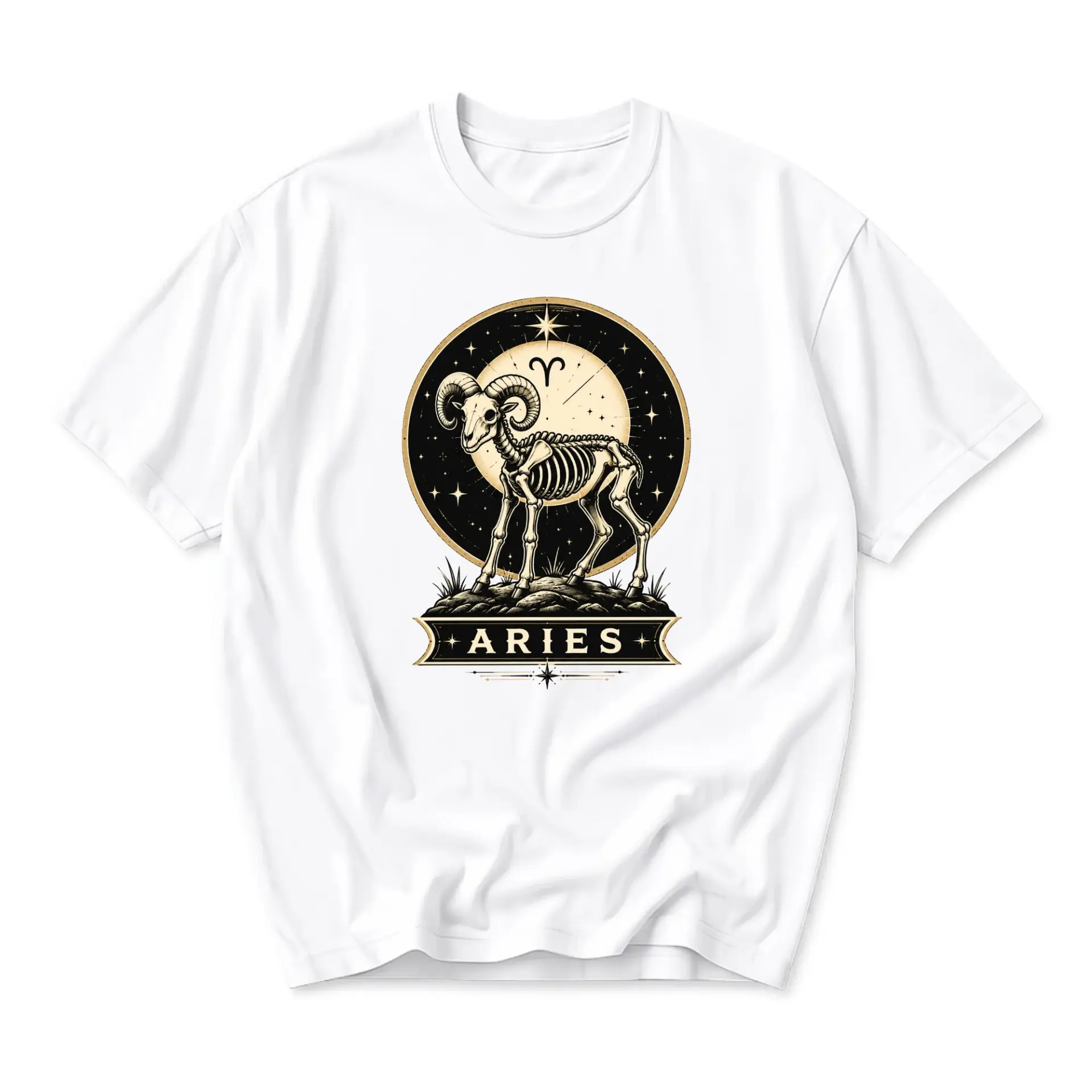 T-shirt Aries Zodiac Graphic Tee Celestial Ram Skeleton Print White Cotton Crew Neck Casual Unisex Apparel