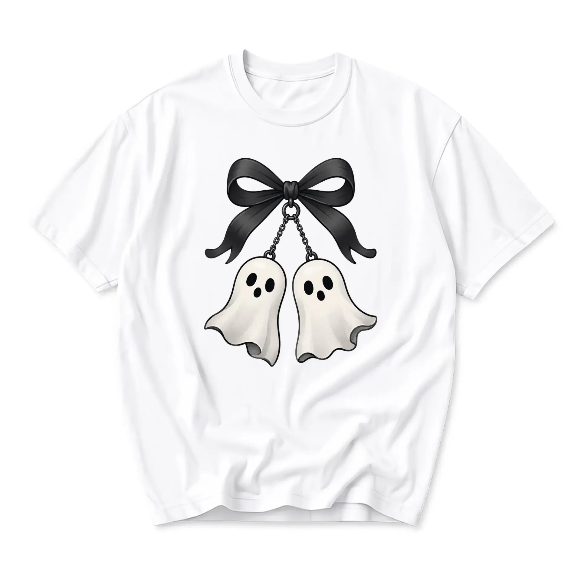 Graphic Tee Ghost Bow Charm Print Unisex Casual Short Sleeve Crew Neck Cotton Blend Shirt for Everyday Wear and Style