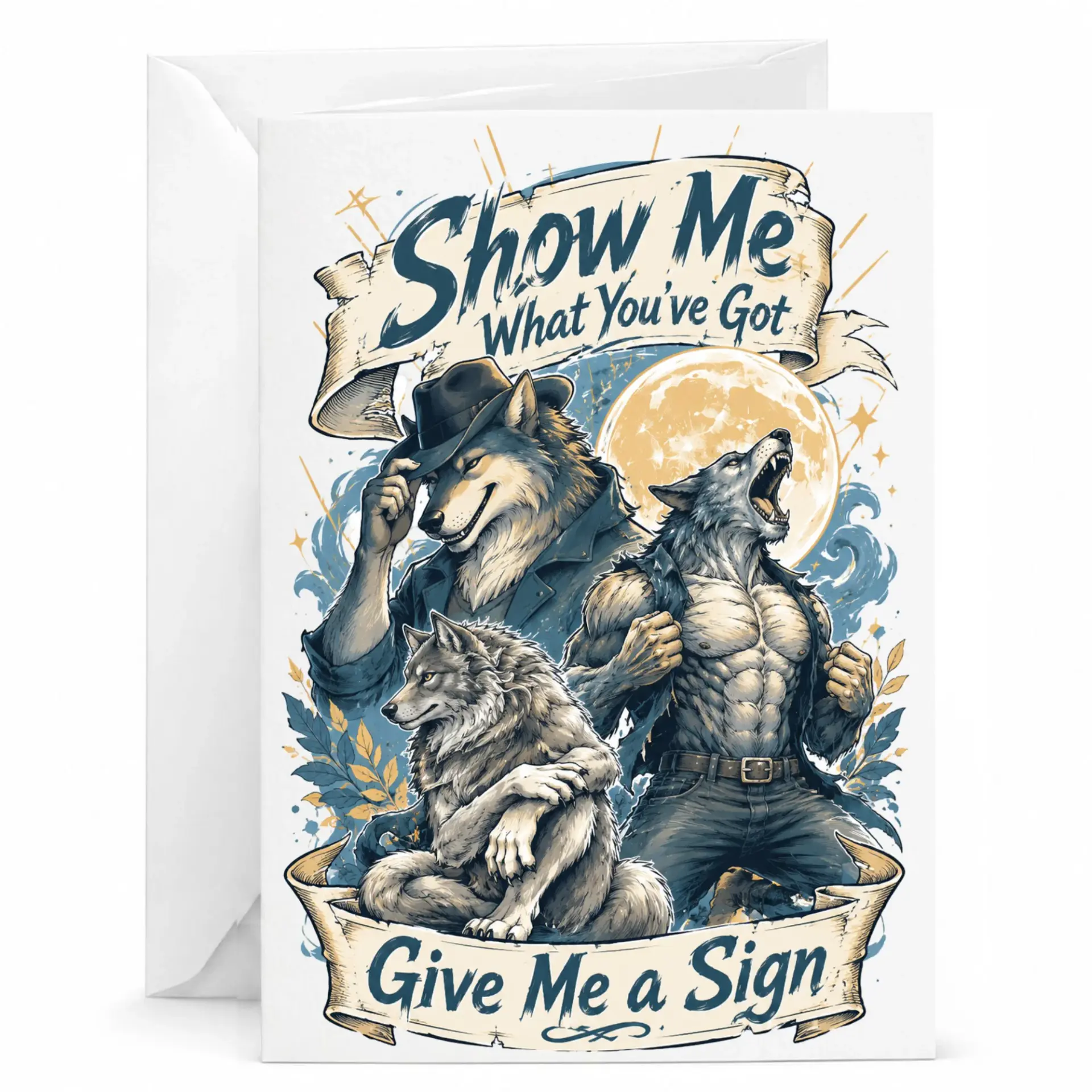 Funny Wolf Greeting Card Howling Lycanthrope Illustration for