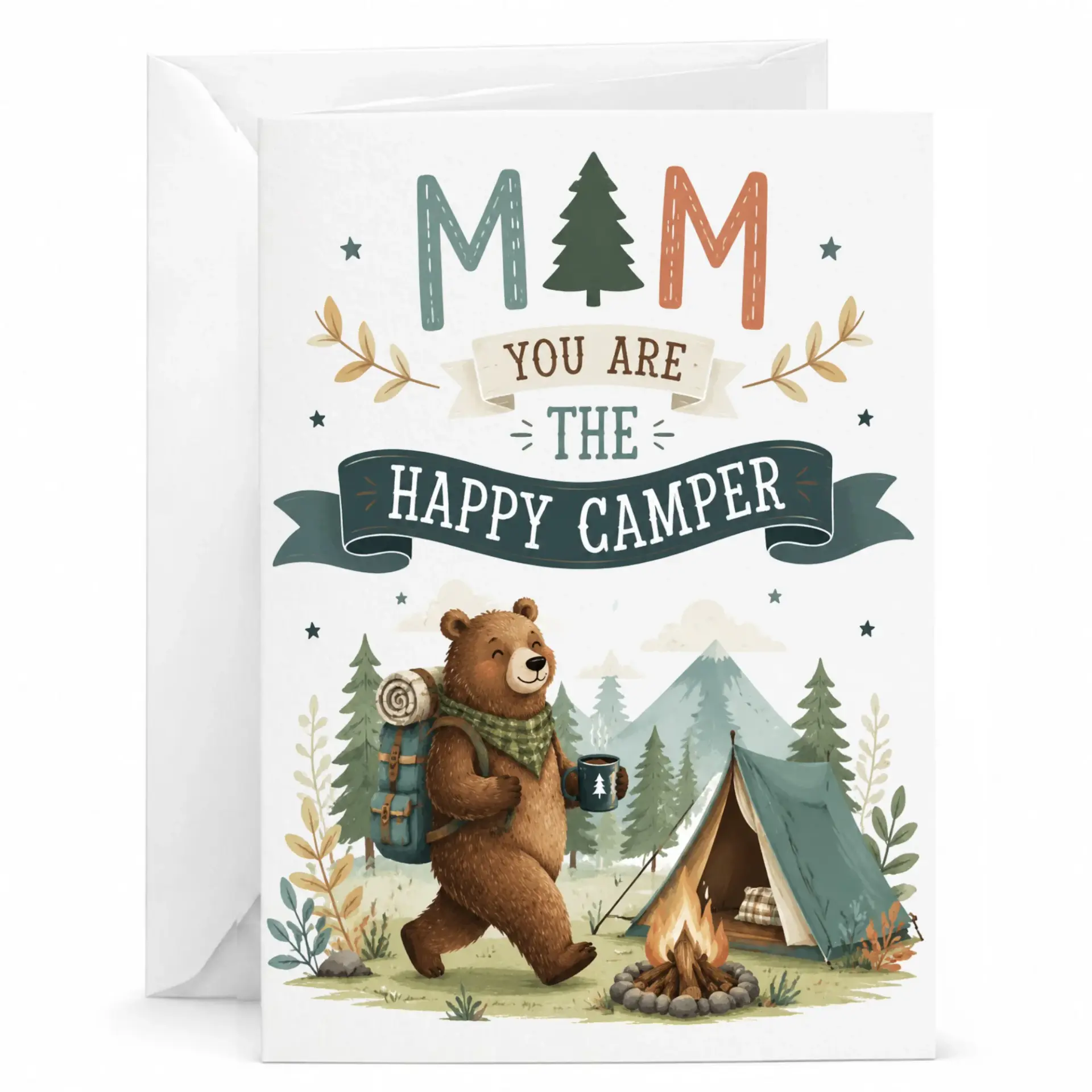 Greeting Card Happy Camper Bear Design Nature Theme Adventure Illustration