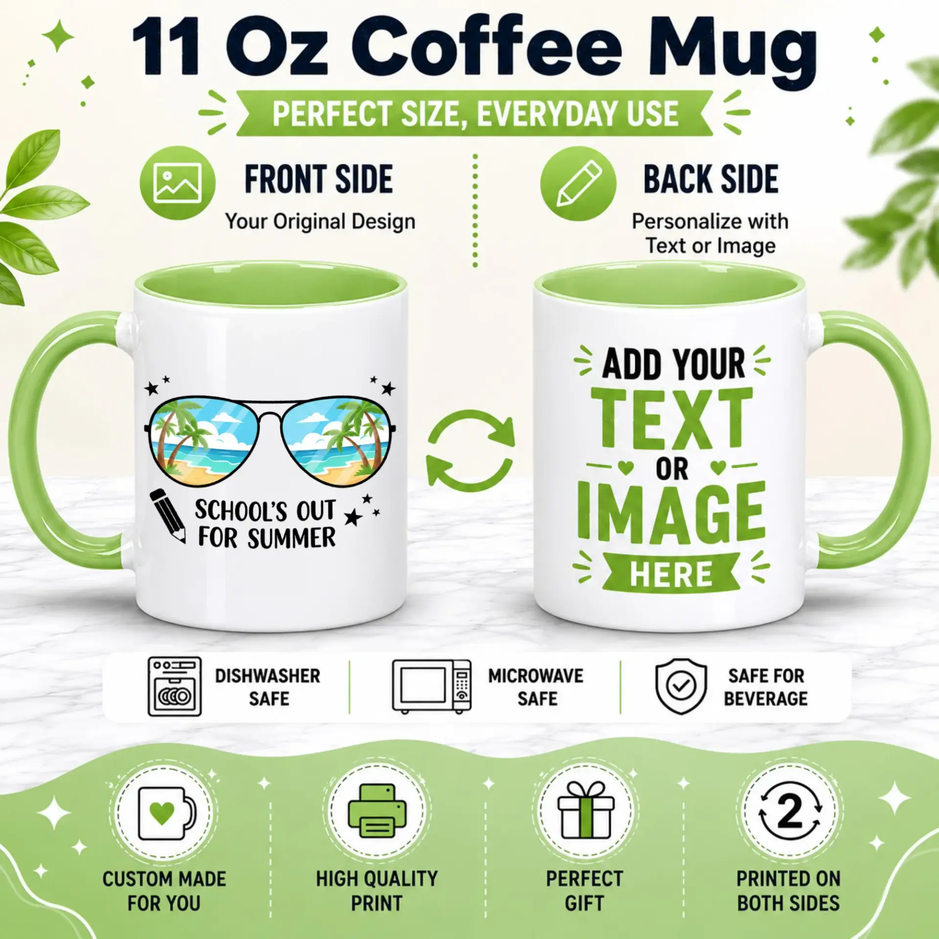 Summer Vacation Ceramic Coffee Mug with Beach Scene Sunglasses Design, School's Out Seasonal Drinkware for Teachers and Graduates