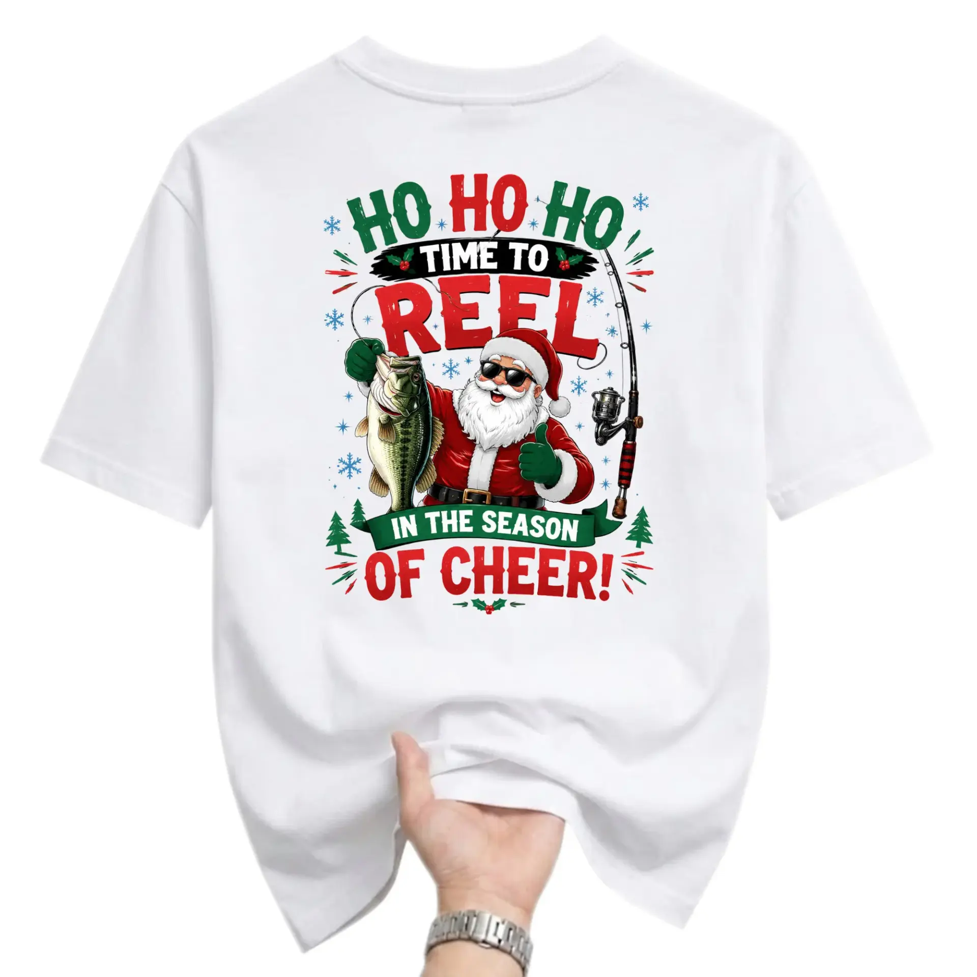 Funny Shirt to Reel in the Season of Cheer Graphic Tee Holiday Fishing Themed Unisex Casual Crew Neck