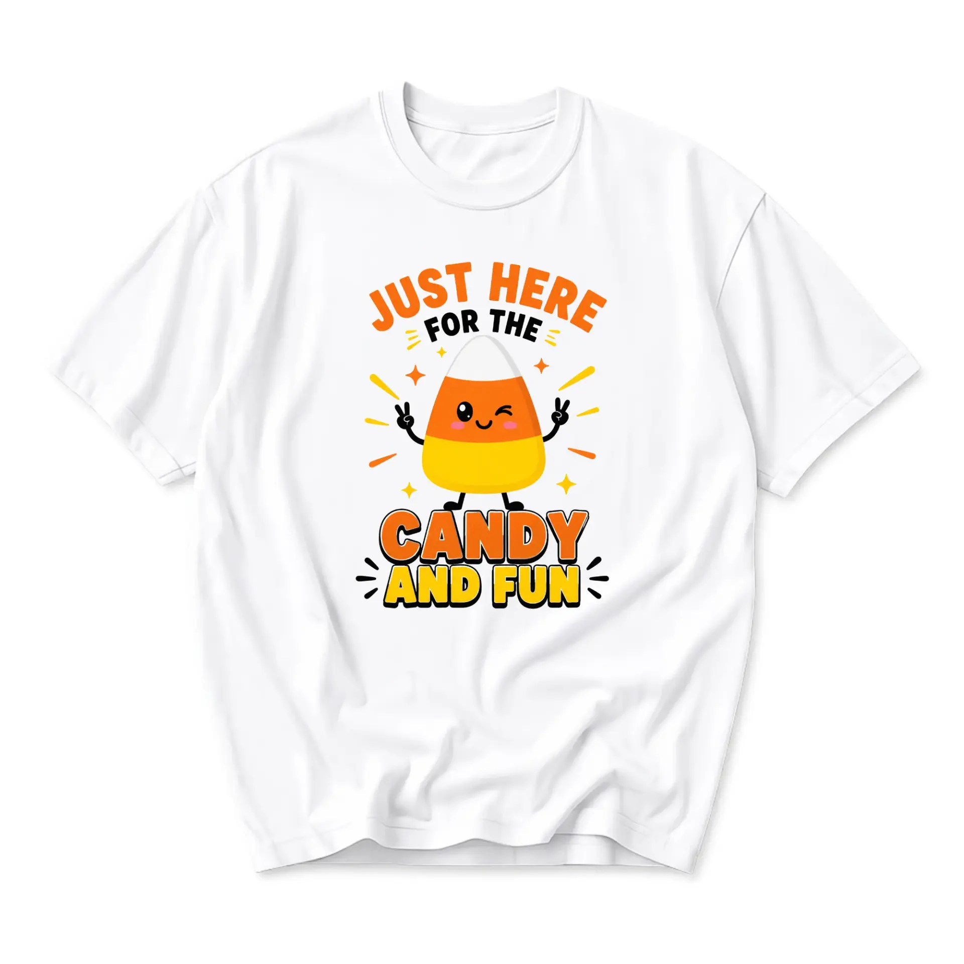 Funny Shirt Just Here for the Candy and Fun Graphic Tee Unisex Crew Neck Short Sleeve Cotton Casual Holiday Apparel