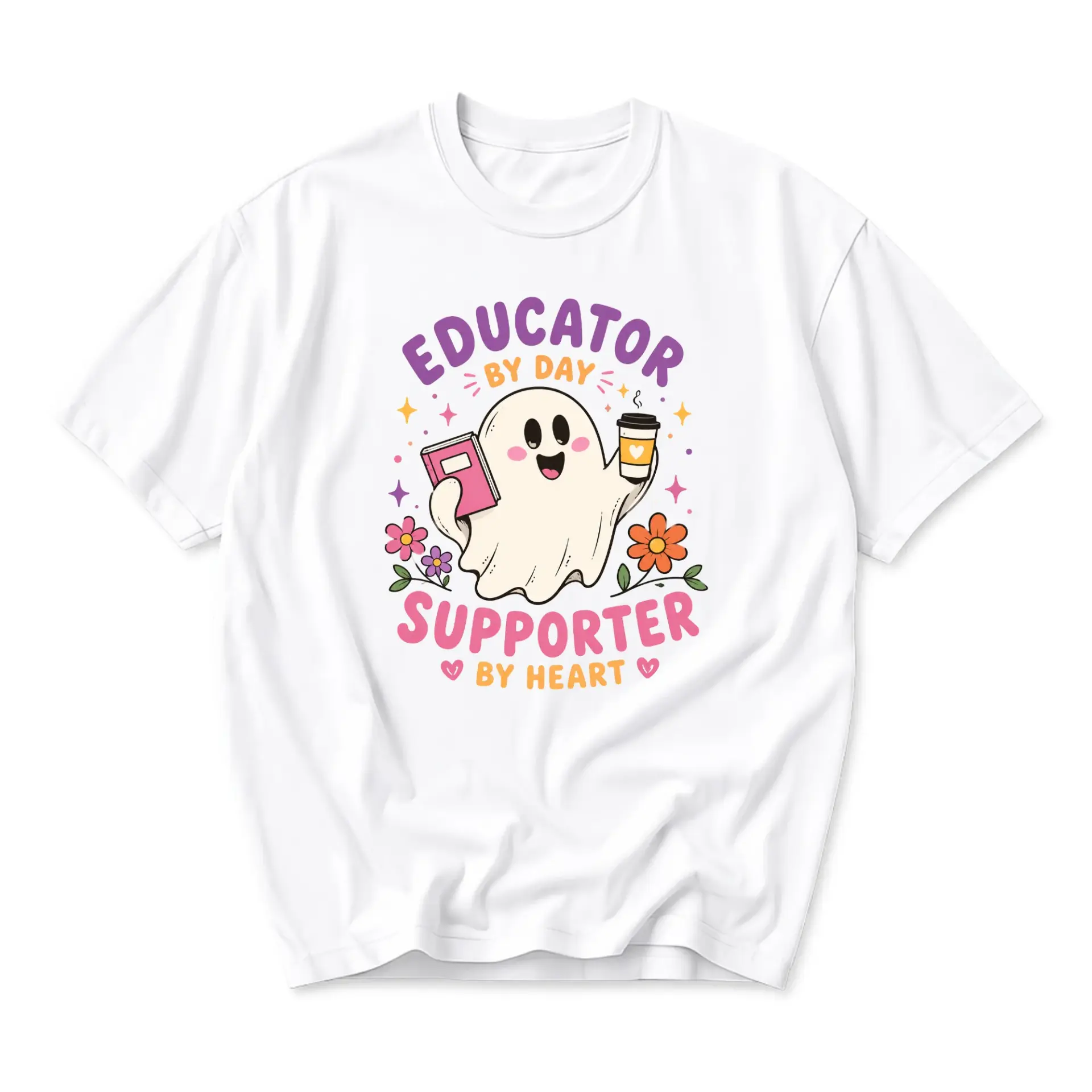 Graphic Tee Educator by Day Supporter by Heart Ghost Design Unisex Crew Neck Short Sleeve Casual Cotton Blend T-Shirt