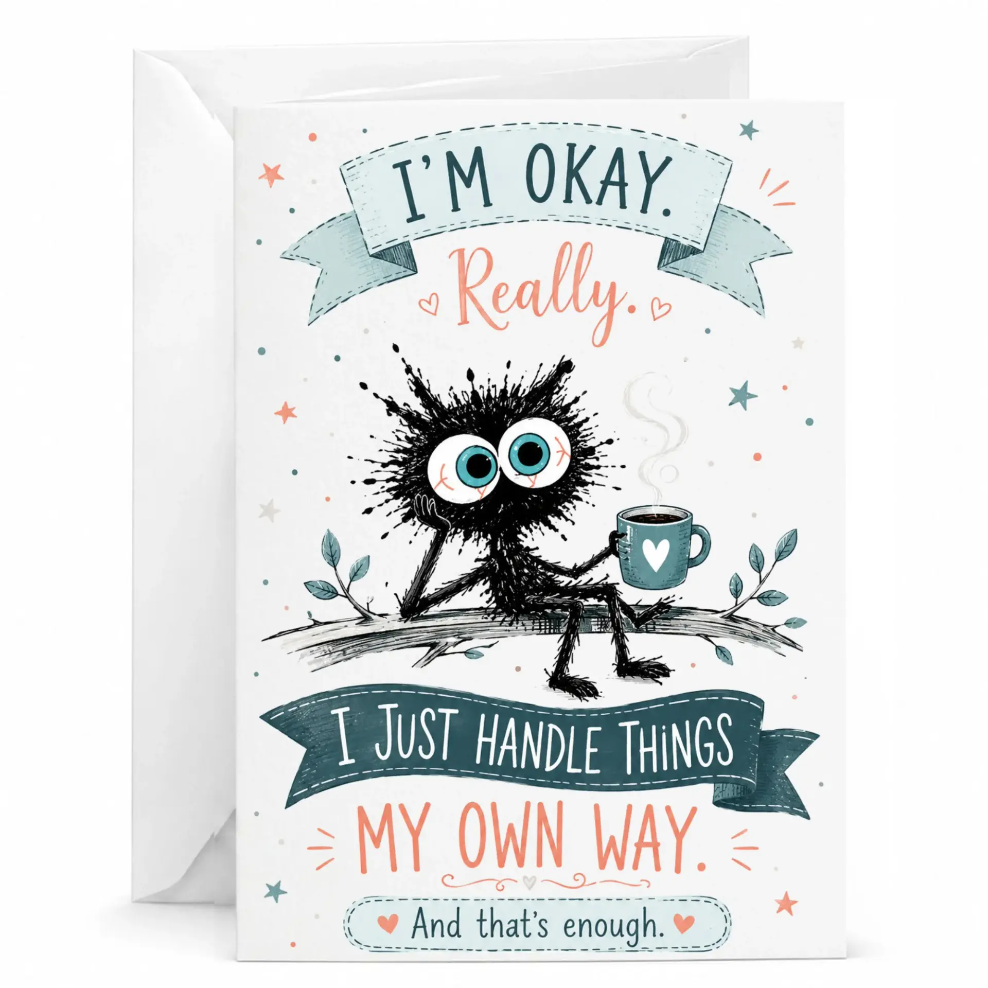 Funny Greeting Card with Cute Fluffy Monster Drinking Coffee Illustration for Birthday Encouragement and Support
