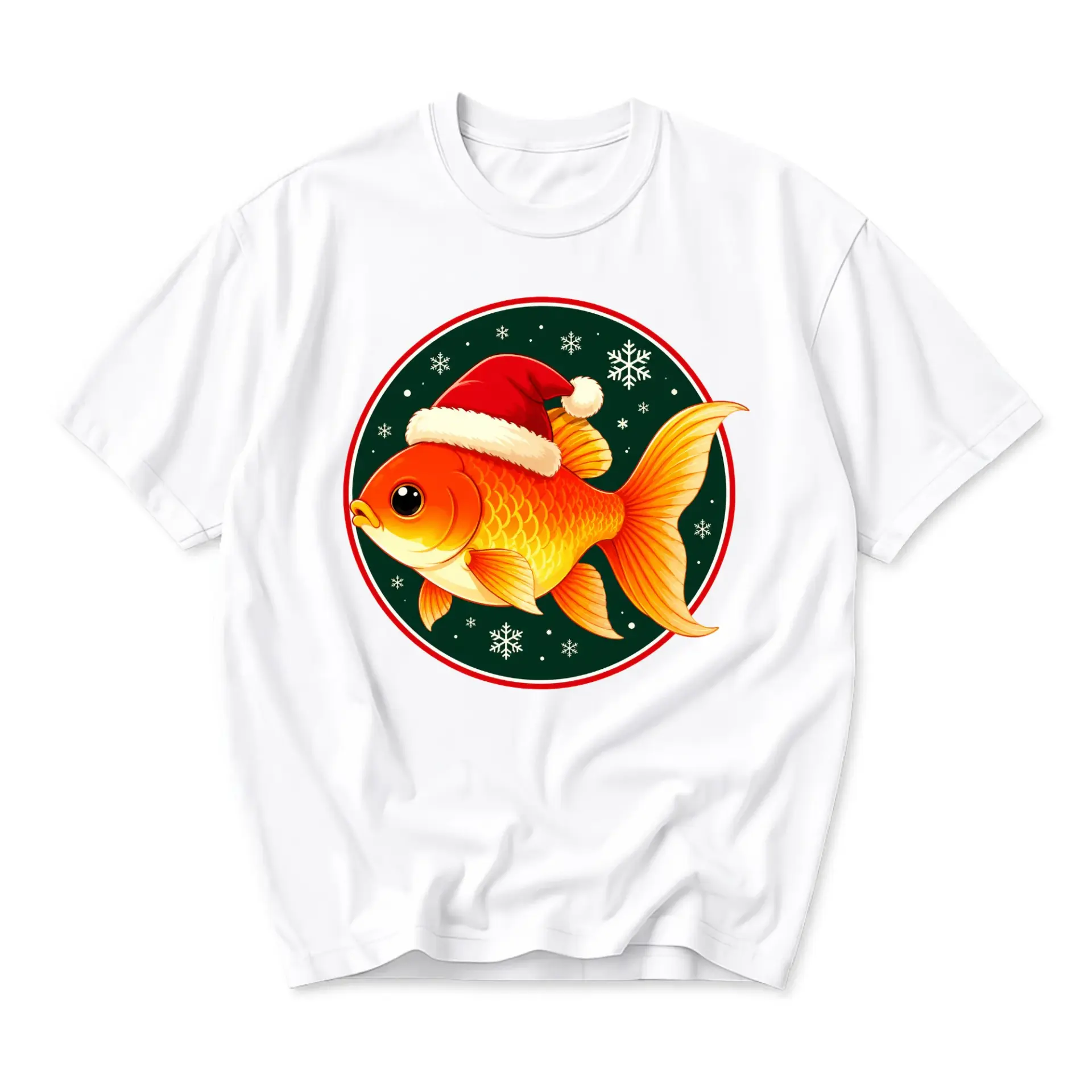 Graphic Tee Goldfish Wearing Santa Hat Christmas Holiday Unisex Crew Neck Casual Everyday Wear Soft Cotton Blend Shirt