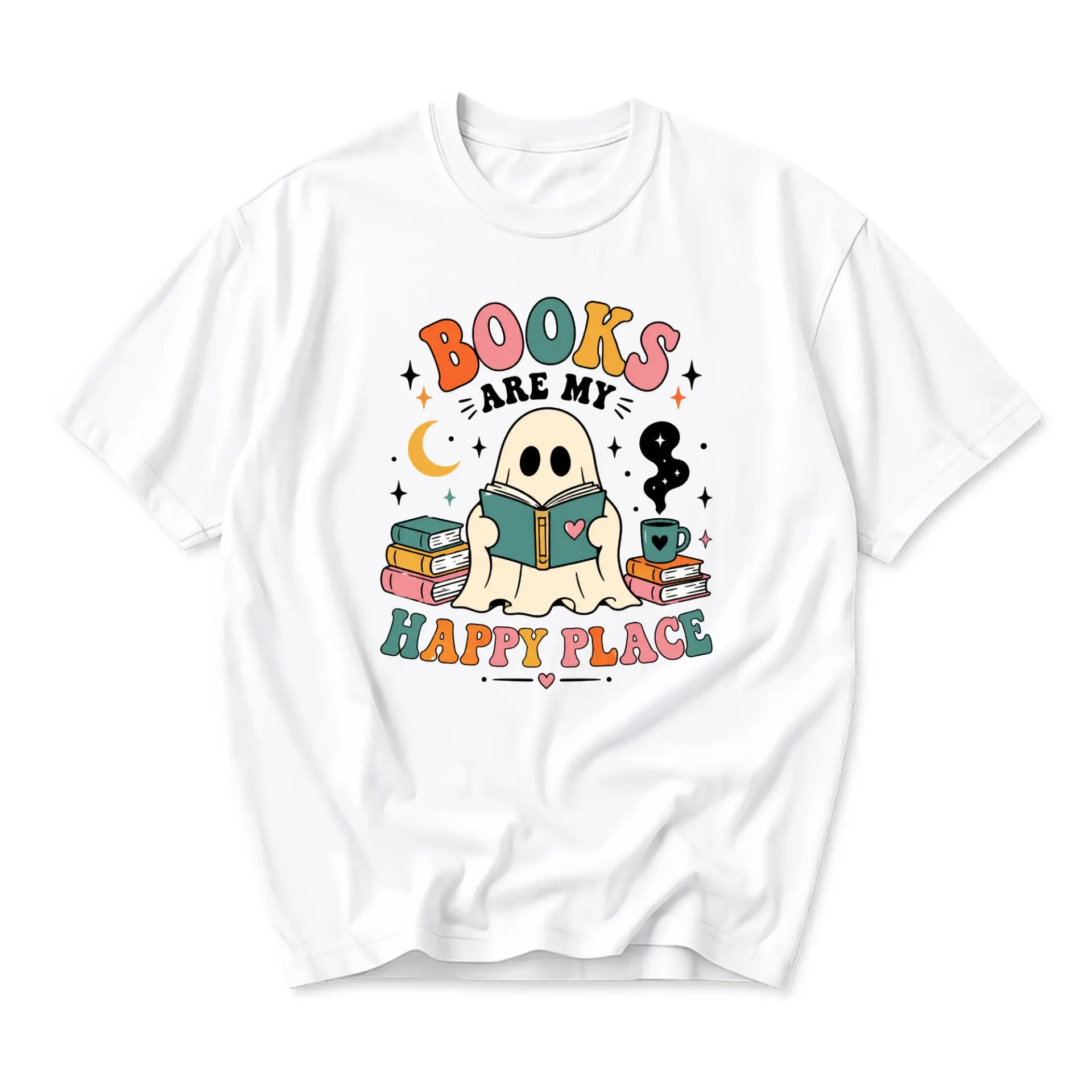 Graphic Tee Books Are My Happy Place Retro Ghost Reading Aesthetic Unisex Cotton Crew Neck Casual Short Sleeve Shirt