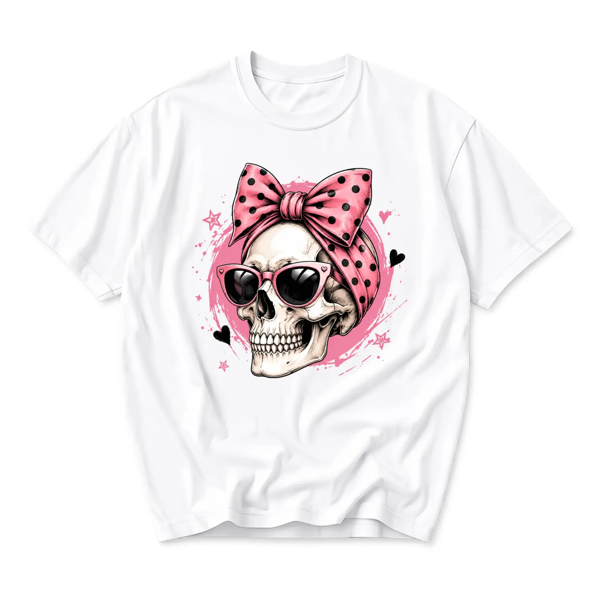 Graphic Tee Skull with Pink Polka Dot Bow and Sunglasses Unisex Crew Neck Shirt for Casual Everyday Fashion Style