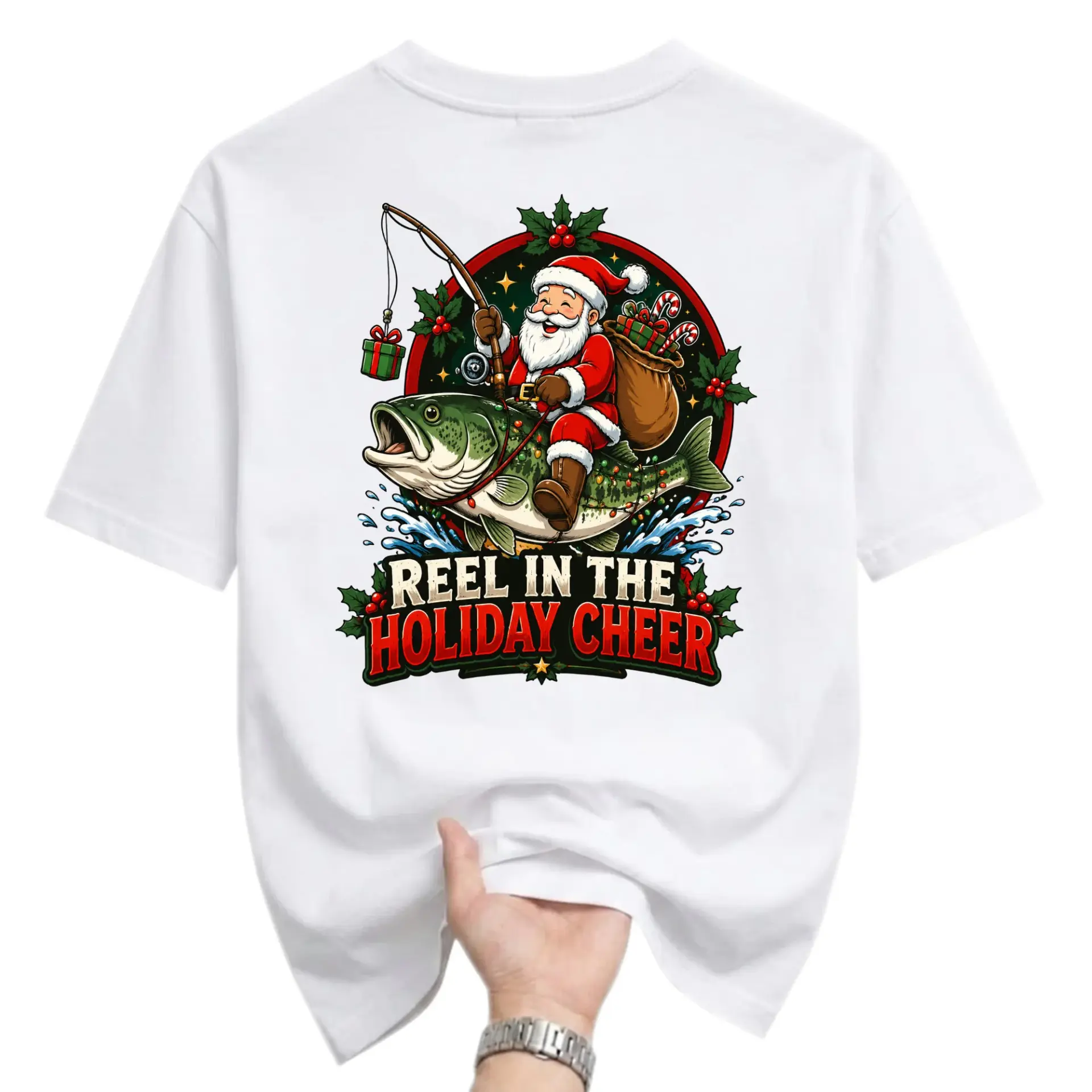 Funny Shirt Reel in the Holiday Cheer Graphic Tee Christmas Fishing Santa