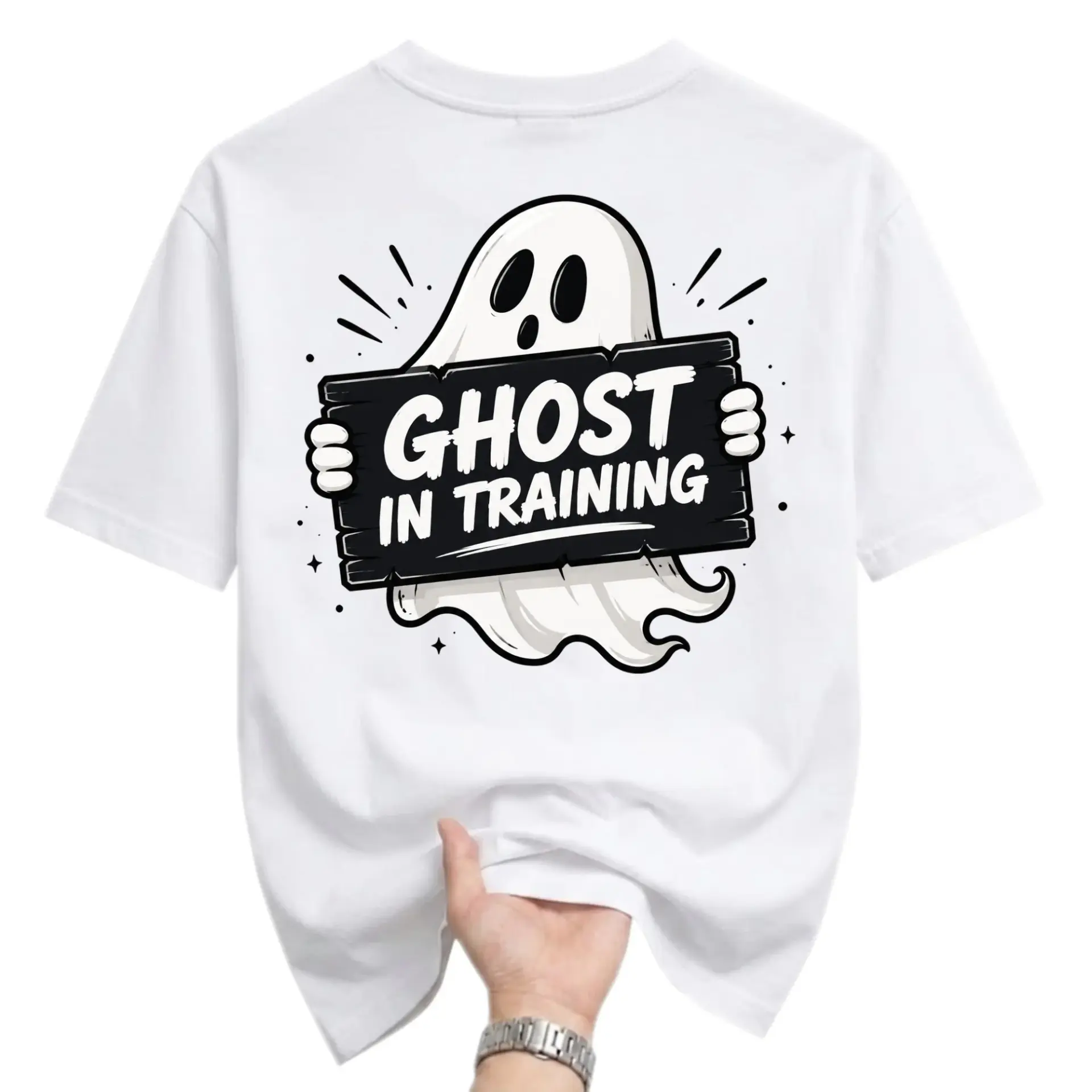 Funny Shirt Ghost in Training Graphic Tee Unisex Crew Neck Casual Wear Soft Cotton Blend Everyday Outfit White T-Shirt