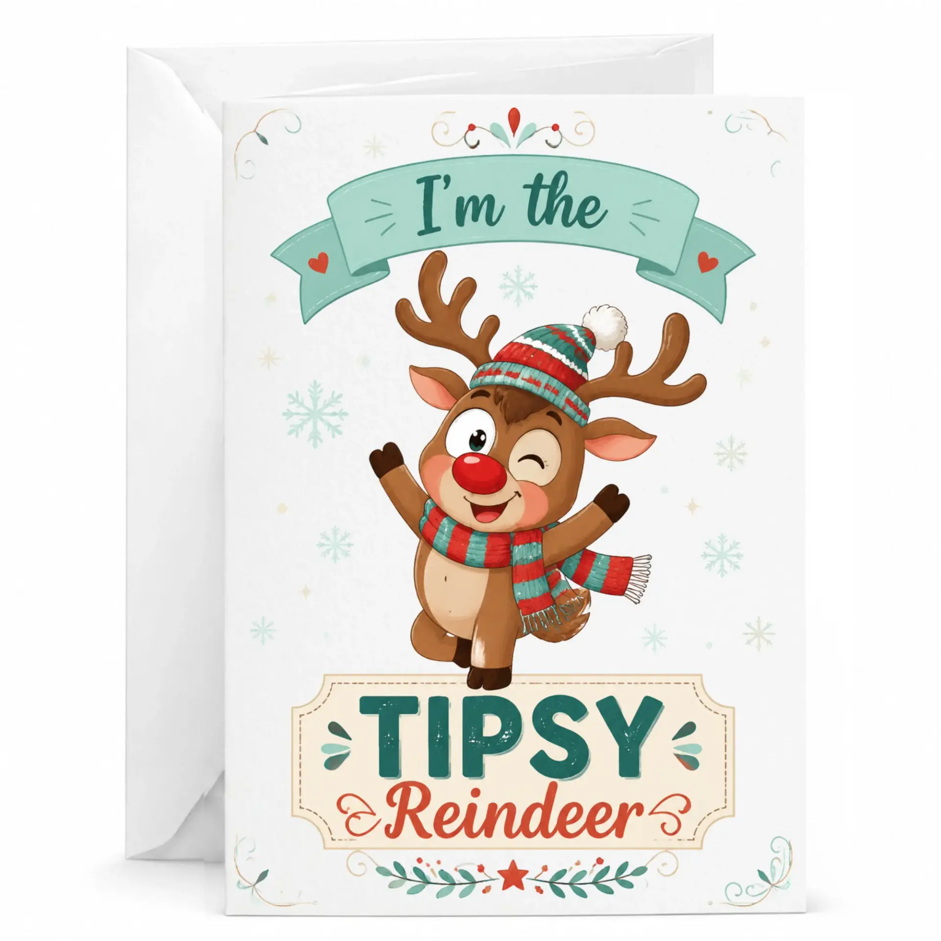 Funny Reindeer Greeting Card for Holiday Party and Seasonal Cheer 5x7 Folded Note Card with White Envelope Included