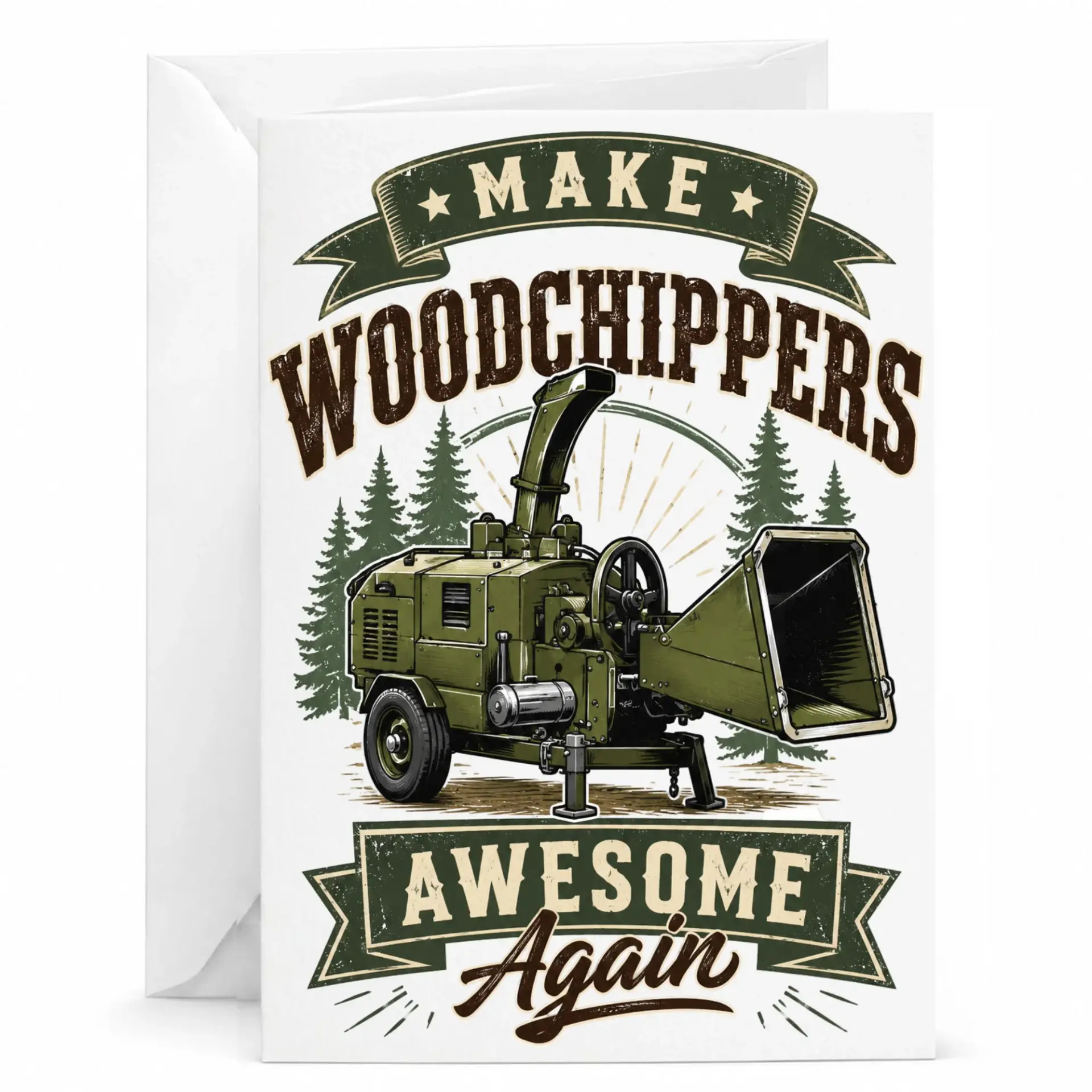 Funny Woodchipper Greeting Card for Tree and Landscaping Enthusiasts with Matching Envelope 5x7 Inch Folded