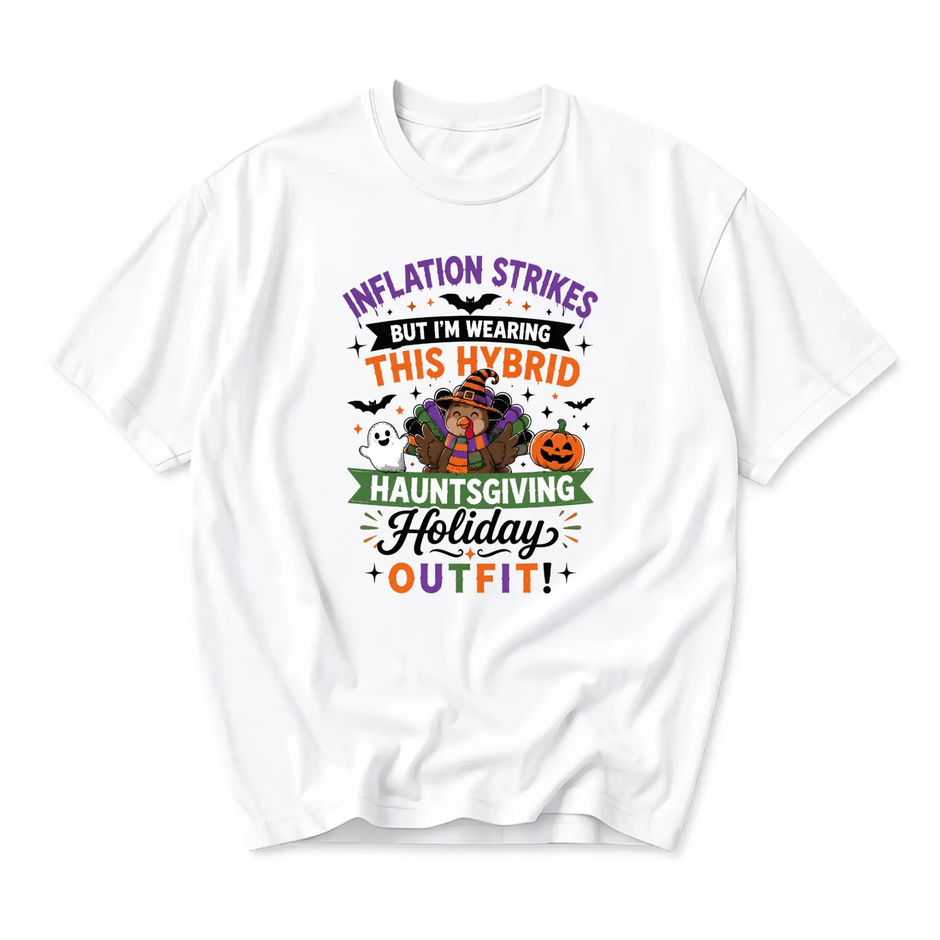 Funny Shirt Inflation Strikes Hybrid Hauntsgiving Holiday Outfit Graphic Printed Unisex Casual Crew Neck T-Shirt