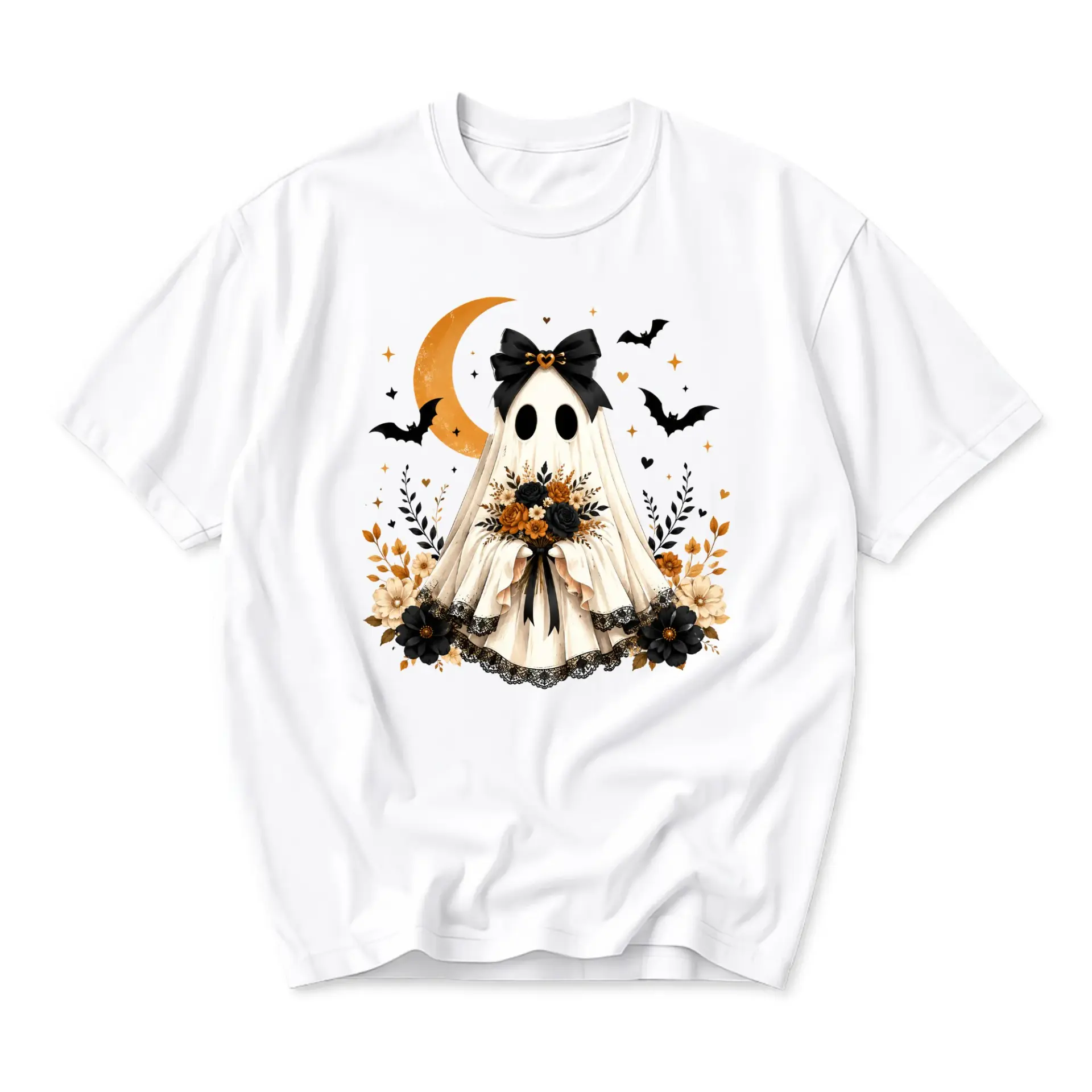 Graphic Tee Ghost with Flowers Bow Moon Bats Print Unisex Crew Neck Casual Everyday Shirt for Seasonal Holiday Wear