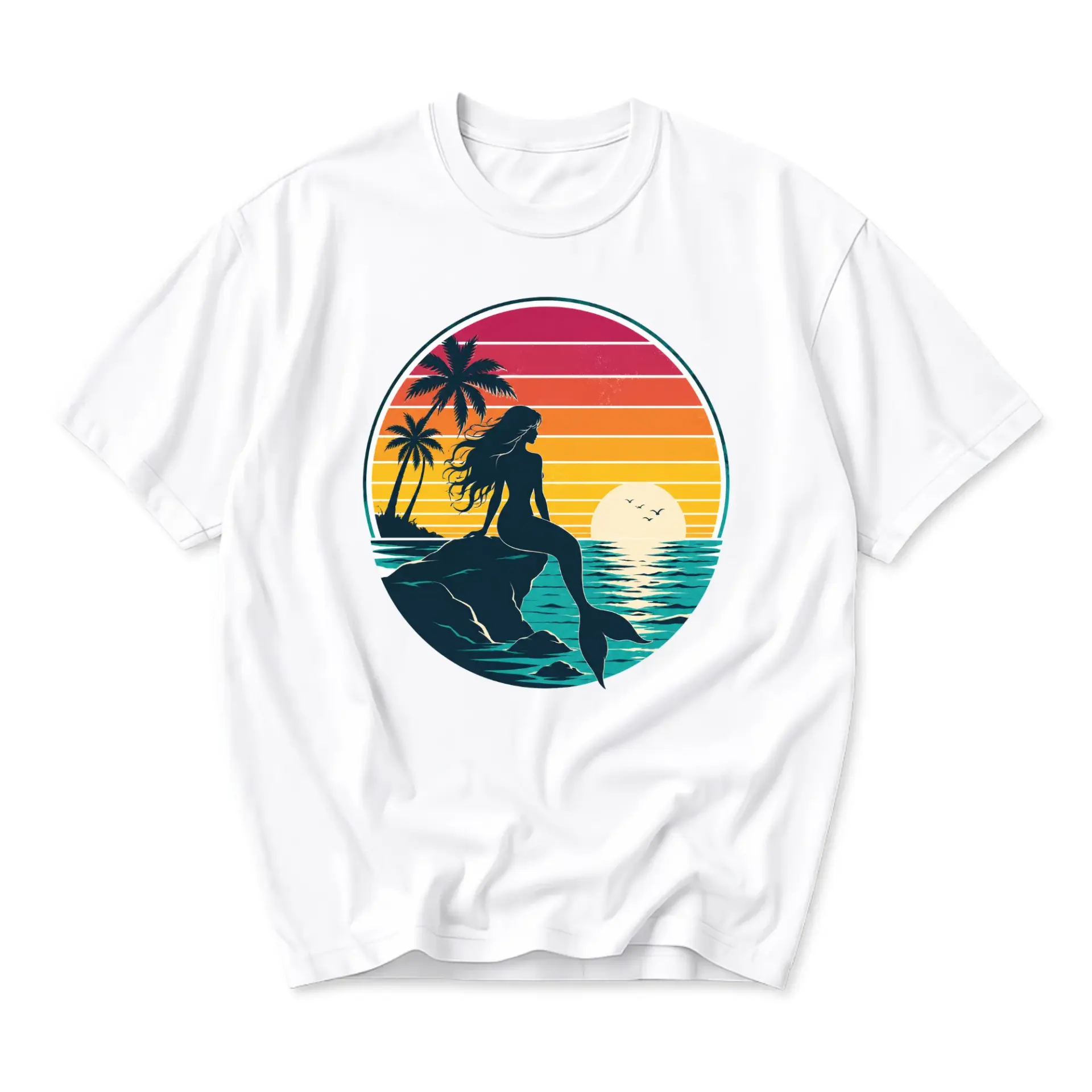 Graphic Tee Mermaid Sunset Beach Illustration Unisex Crew Neck Soft Cotton Blend Casual Summer Short Sleeve Shirt