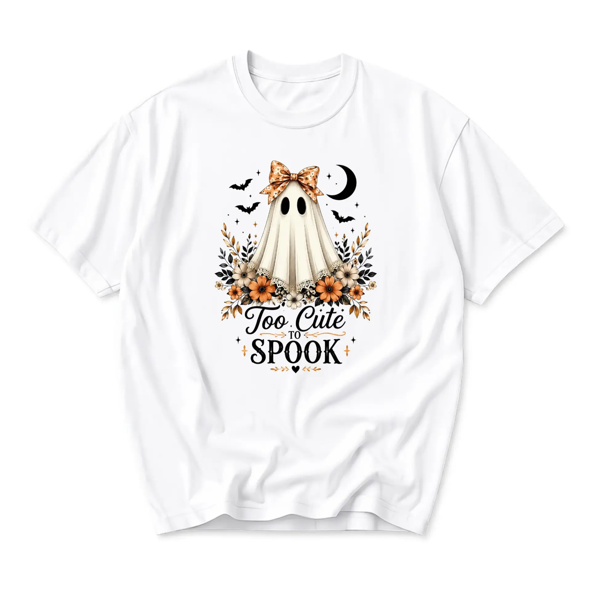 Funny Shirt Too Cute to Spook Ghost Graphic Tee Autumn Aesthetic Casual Unisex Crew Neck Short Sleeve Apparel White
