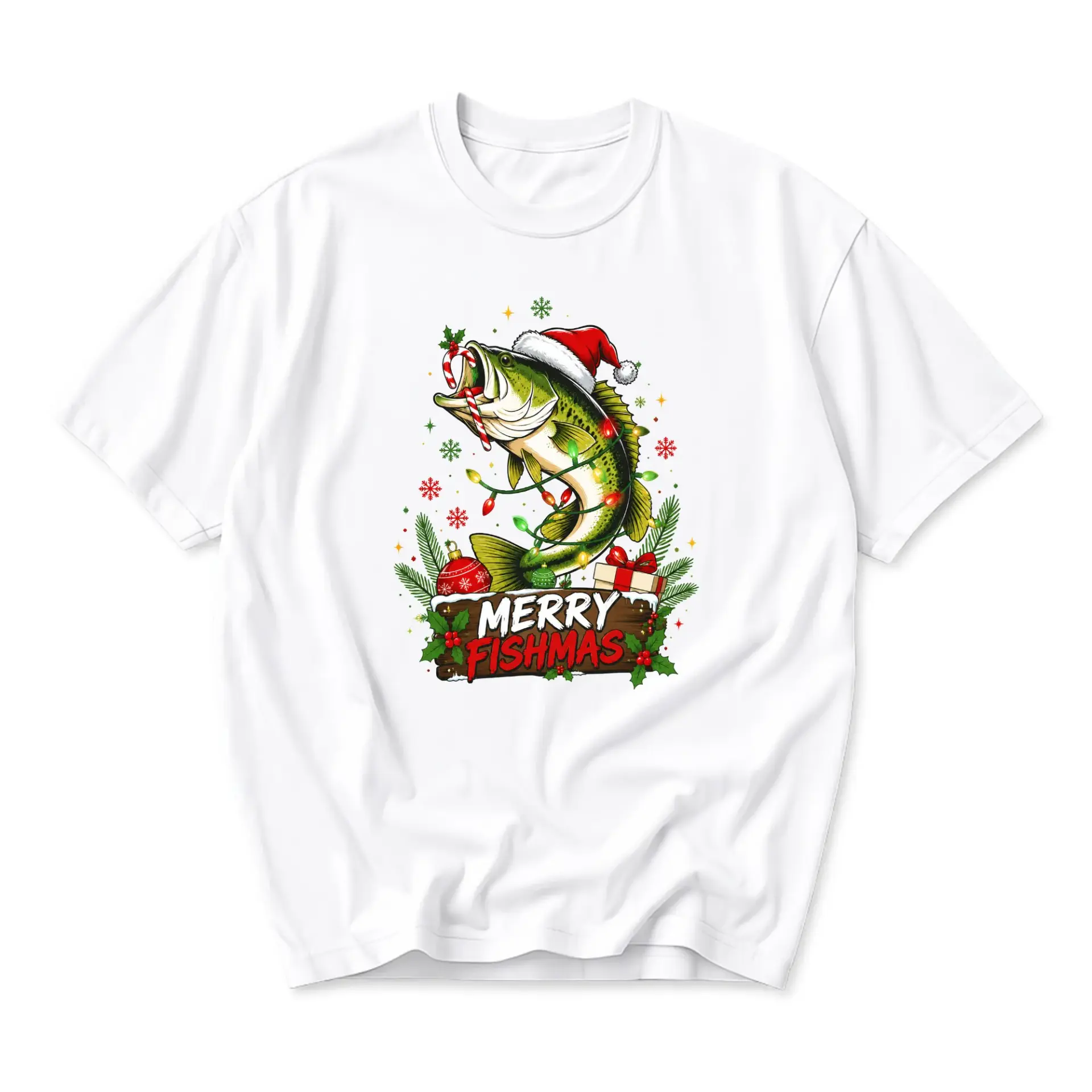 Funny Shirt Merry Fishmas Holiday Fishing Graphic Tee Unisex Short Sleeve Crew Neck Casual Cotton Top