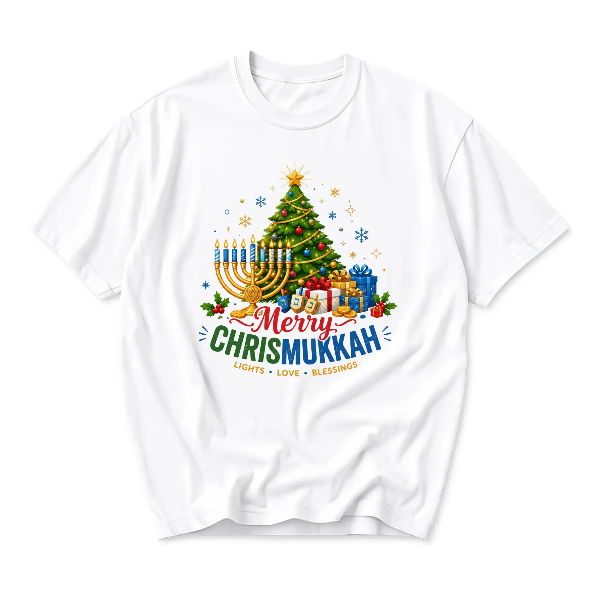 Graphic Tee Merry Chrismukkah Holiday Season Unisex Crew Neck T-Shirt Featuring Festive Tree and Menorah Illustration