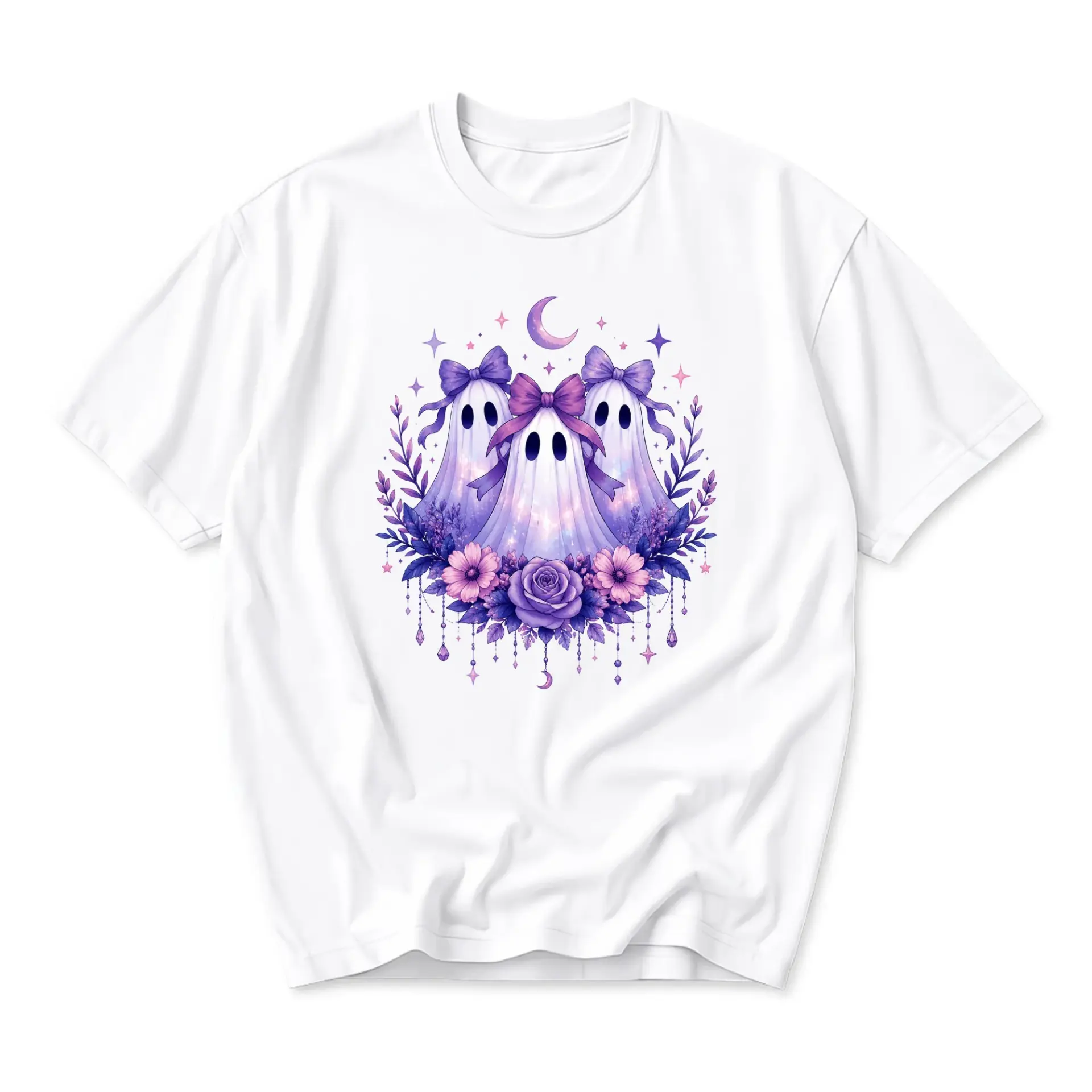 Graphic Tee Ghost Trio with Bows and Floral Arrangement Aesthetic Unisex Crew Neck Casual Everyday Shirt White