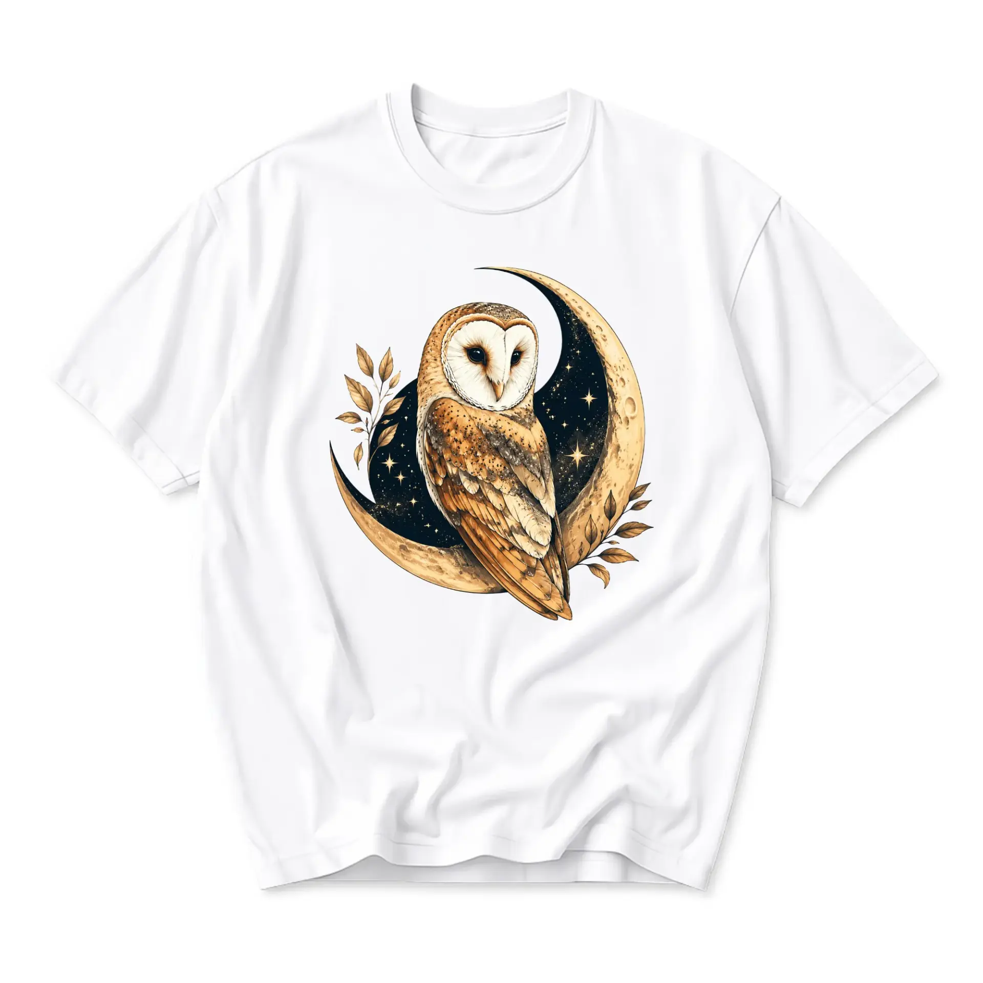 Graphic Tee Featuring a Beautiful Barn Owl Sitting on a Crescent Moon with Stars and Botanical Leaves Print Design