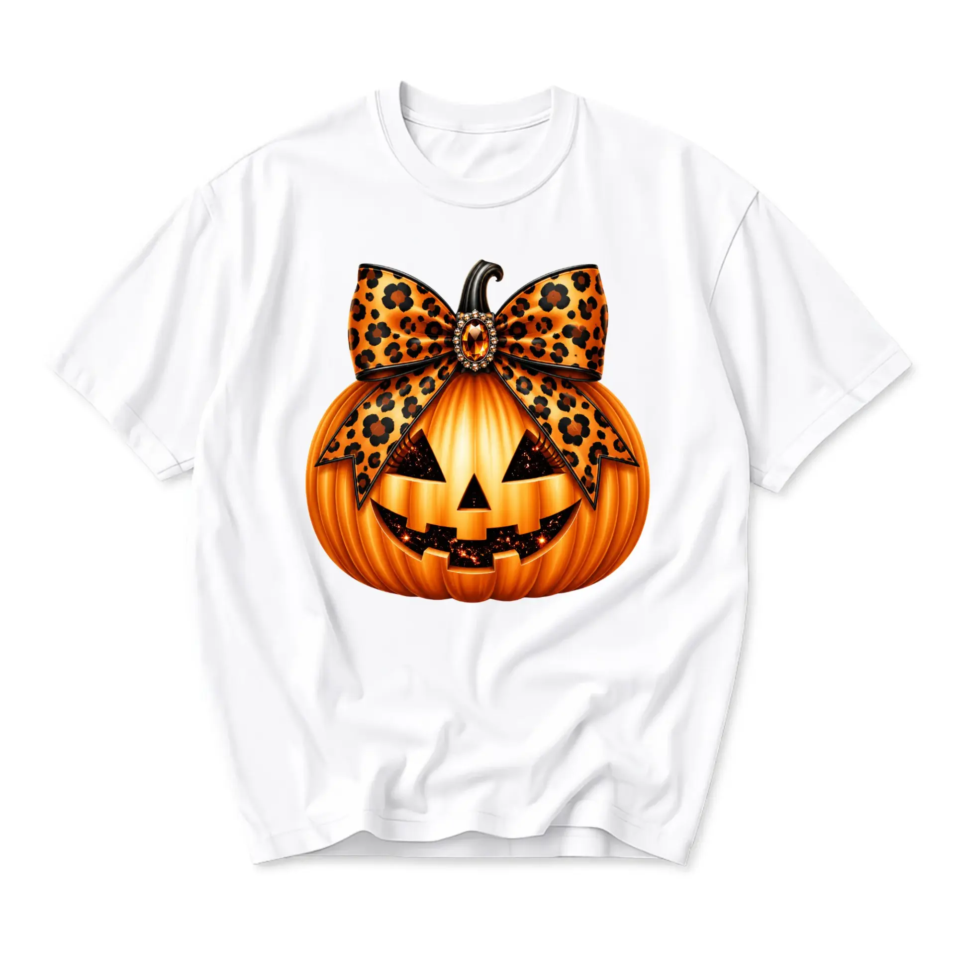 Graphic Tee Pumpkin with Leopard Print Bow Shirt Autumn Seasonal Apparel Unisex Casual Short Sleeve Crew Neck Top