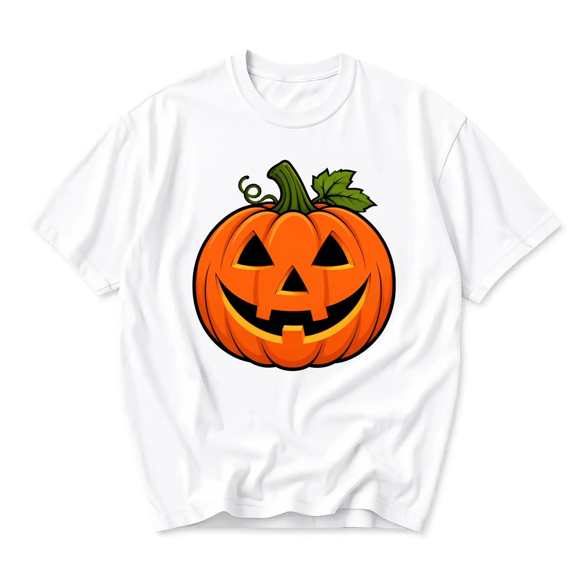 Graphic Tee Unisex Crew Neck T-Shirt Featuring a Bright Orange Jack O Lantern Pumpkin Design for Fall Holiday Season