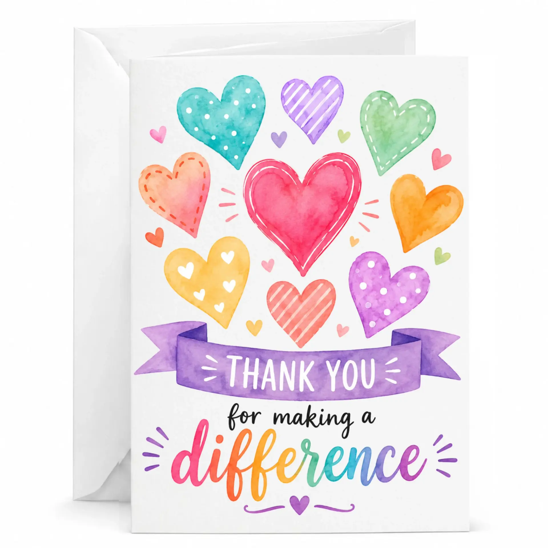 Card for Making a Difference with Colorful Watercolor Hearts Design and Blank Interior Personal Note