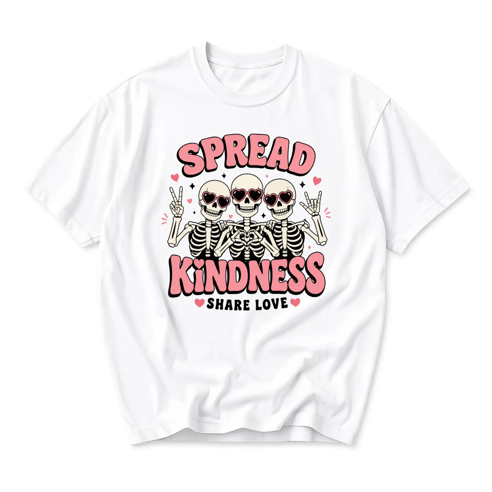 T-shirt Spread Kindness Graphic Tee Cute Skeleton Hearts Casual Unisex Crew Neck Top Soft Cotton Everyday Summer Shirt