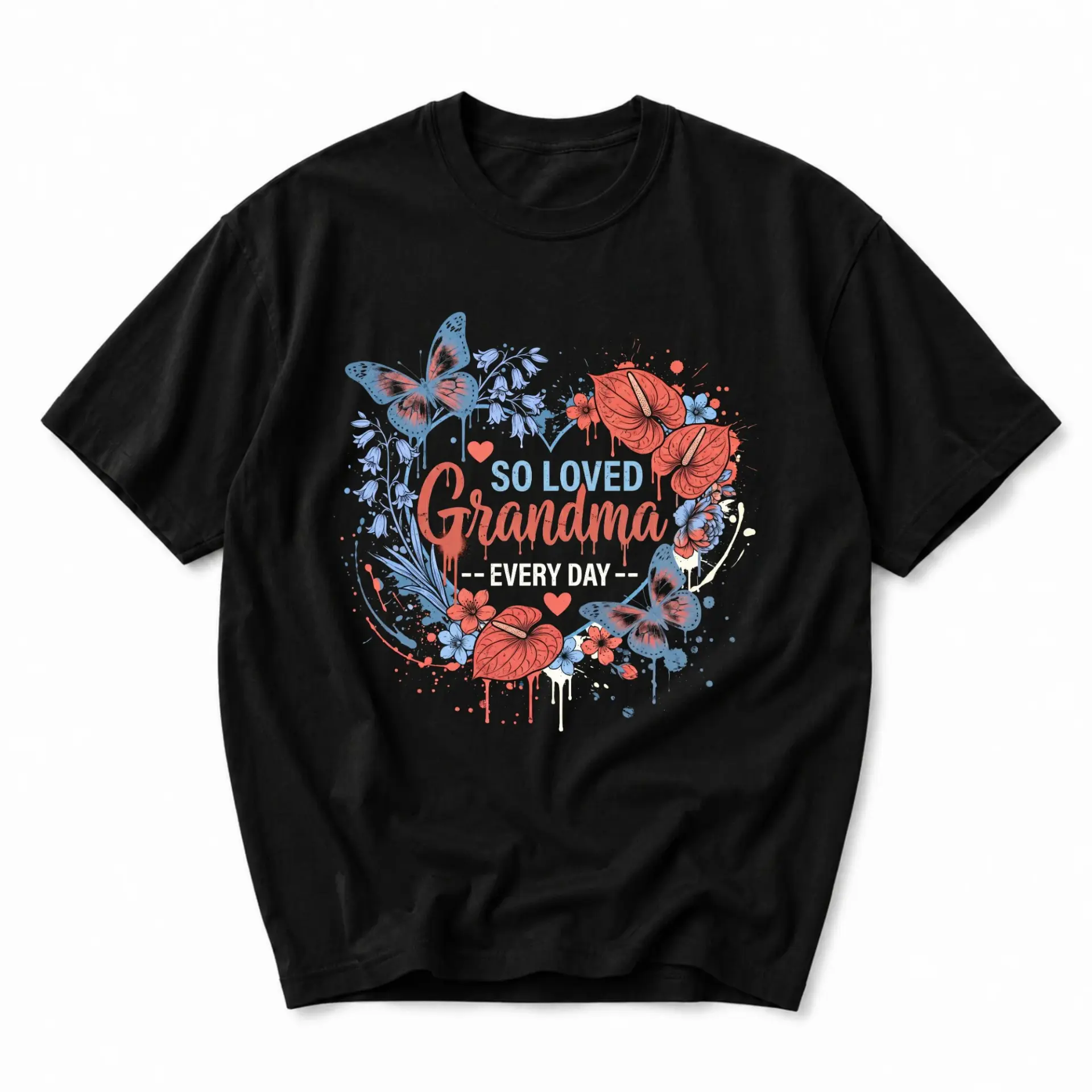 Graphic Tee so Loved Grandma Every Day Floral Butterfly Print Black Unisex Crew Neck Casual Short Sleeve Apparel