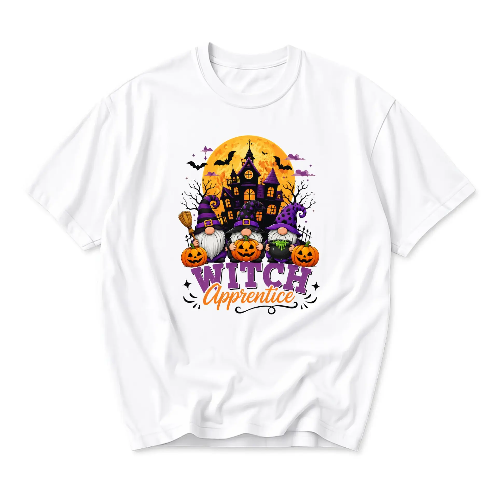 Graphic Tee Witch Apprentice Halloween Gnomes T-Shirt Unisex Crew Neck Casual Everyday Wear Soft Cotton Blend Shirt