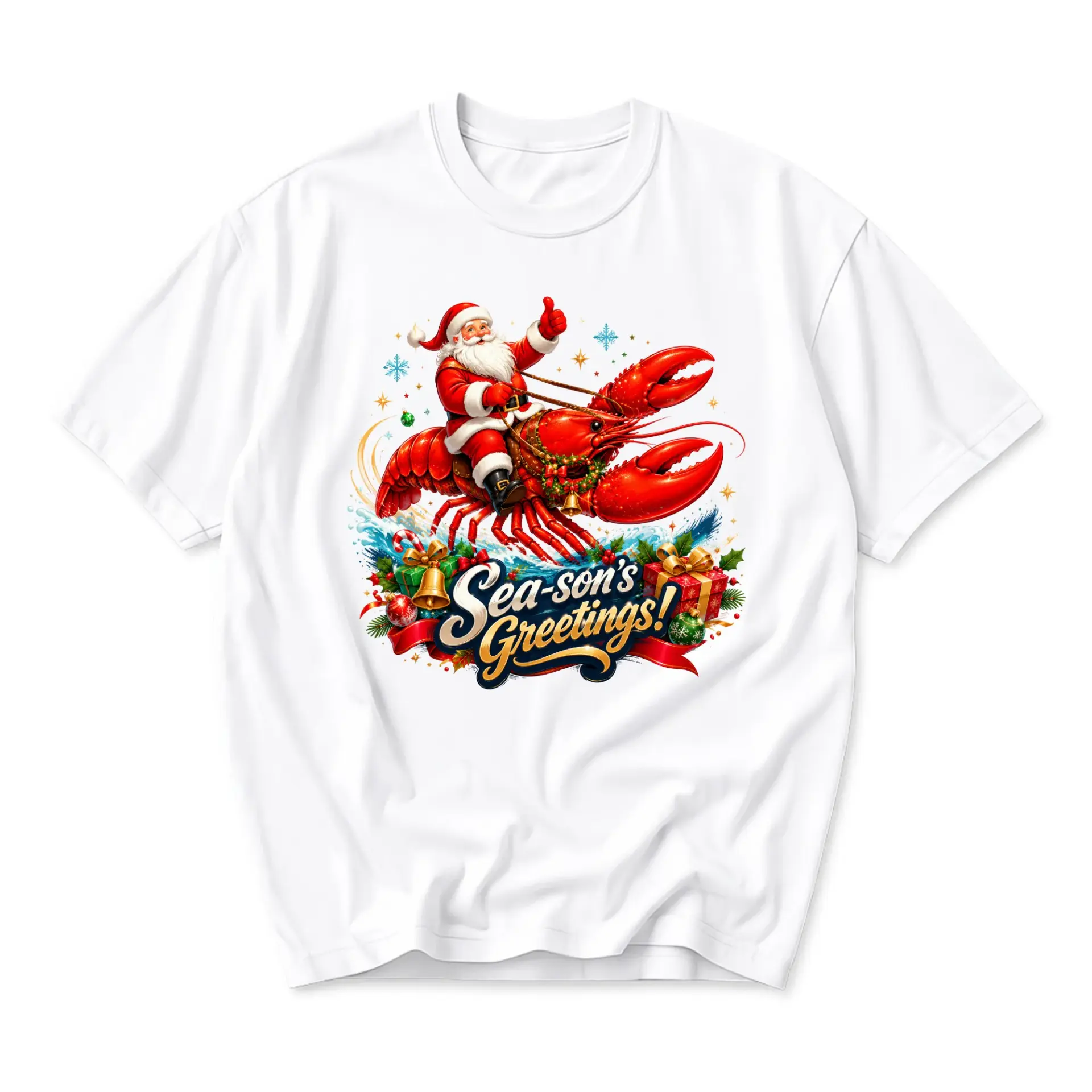 Funny Shirt Sea-Son's Greetings Santa Riding a Lobster Graphic Tee Unisex Casual Crew Neck Holiday Cotton Blend Top
