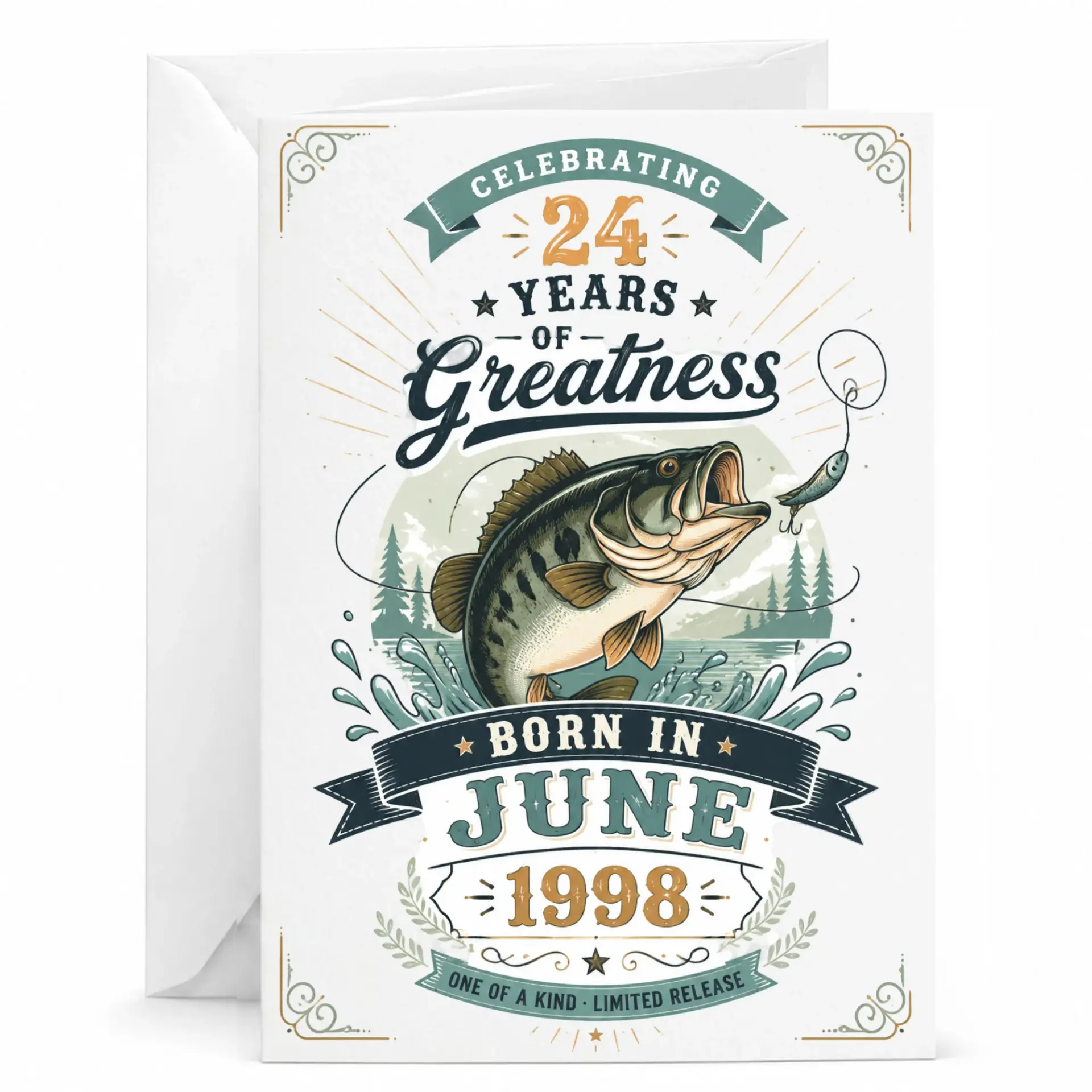 Birthday Card Celebrating 24 Years of Greatness Fishing Theme Born in June 1998 Vintage Style Greeting Card