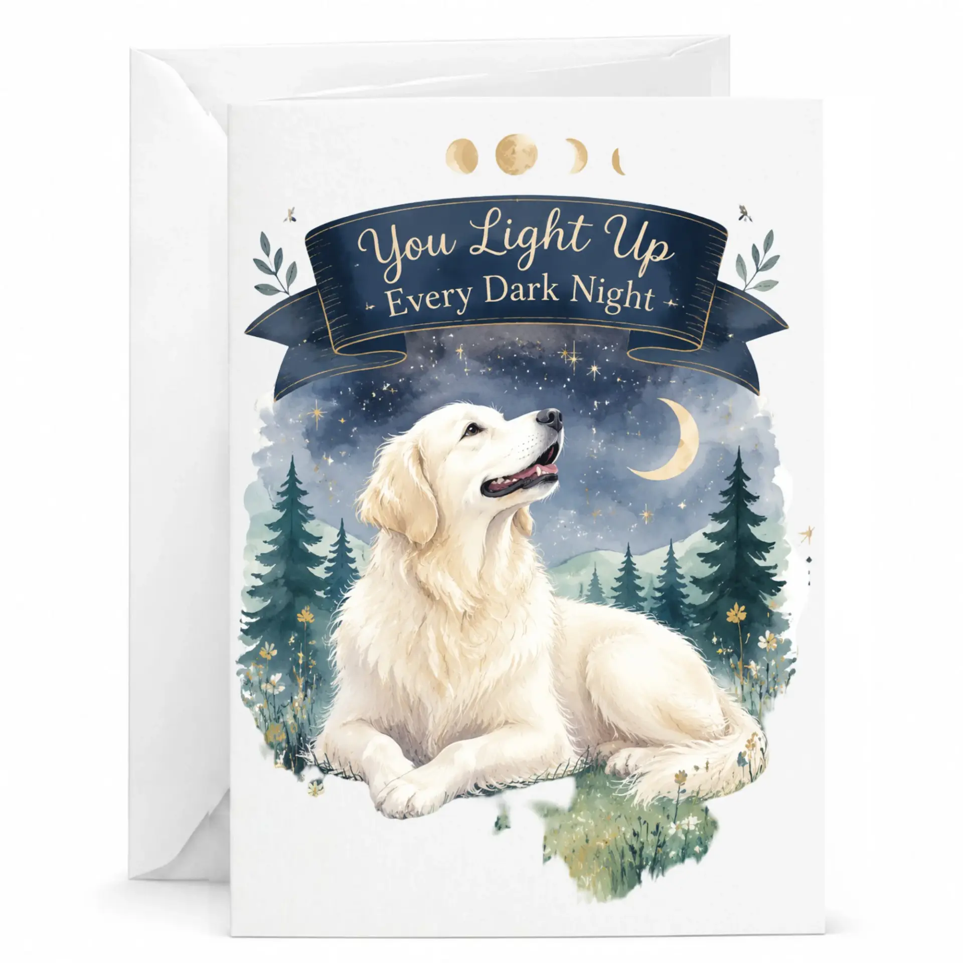 Greeting Card with Golden Dog in Night Landscape Artwork for Any Occasion Featuring Celestial Night Design