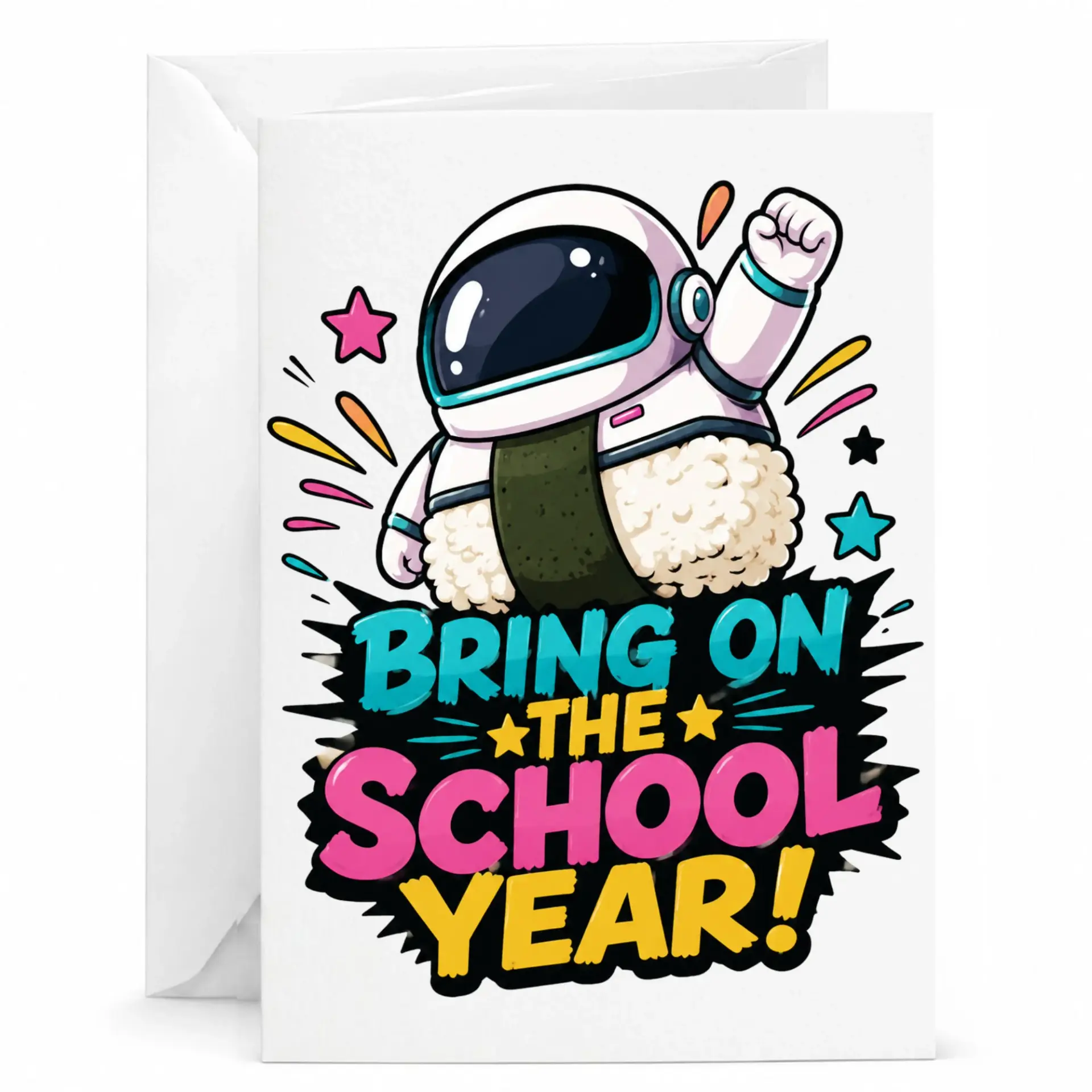 Funny Greeting Card Featuring Astronaut Sushi Character for Seasonal and Enthusiastic Encouragement