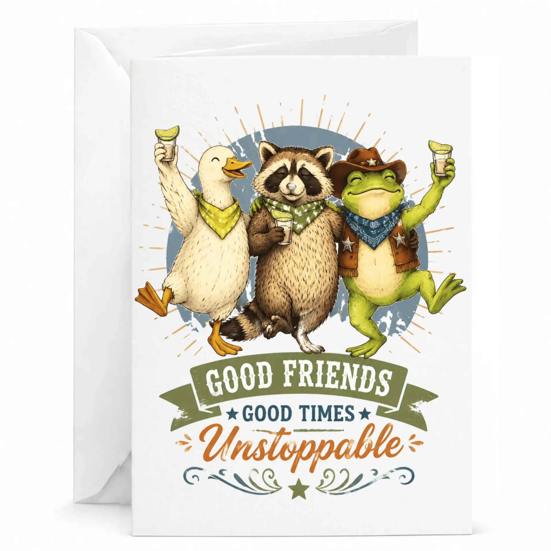 Funny Greeting Card Good Friends Times Featuring a Duck Raccoon and Drinking with Cowboy Theme